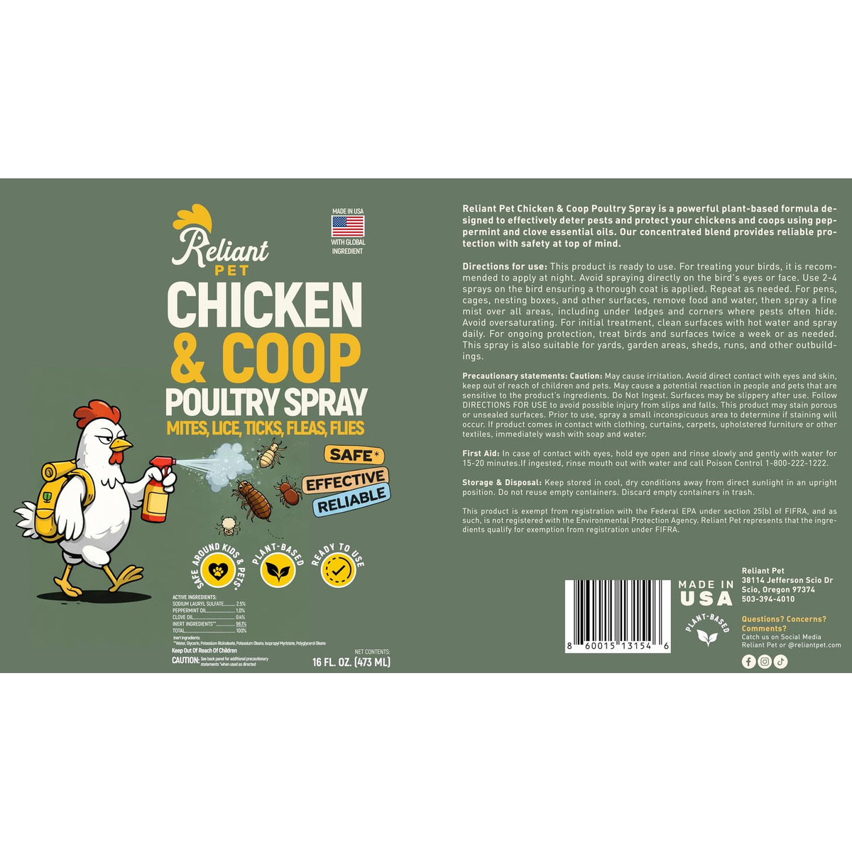 Reliant Pet Chicken and Coop Poultry Spray for Mite's Lice Ticks Fleas and Flies - Dust Mite Spray 16oz - Chicken Coop Fly Spray - Made in USA - Chicken Coop Accessories