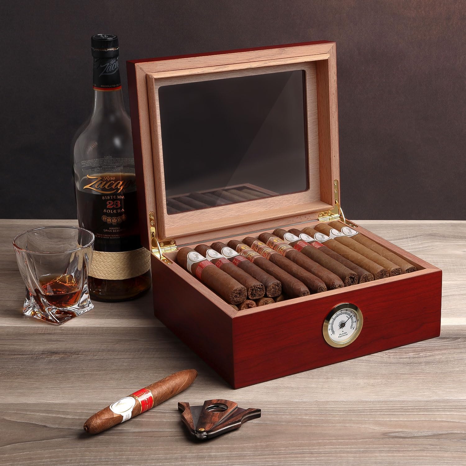 Buy now Premium Cigar Humidor for 25-50 Cigars - Elegant Humidor humidor with Hygrometer and Humidifier - Cedar Lined Cigar Box for Optimal Humidity Control (Analog) at indiglob india
