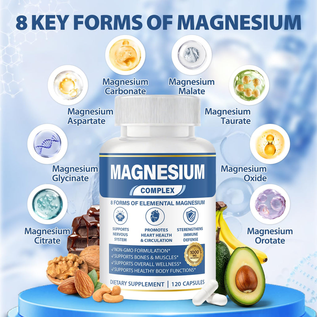 1000mg Magnesium Complex 8 in 1 for Women & Men Vegan Magnesium Supplement | With Glycinate, Citrate, Malate, Taurate & More Magnesium Forms, Vegan Formula for Sleep, Fatigue & Heart Health 120 Capsules