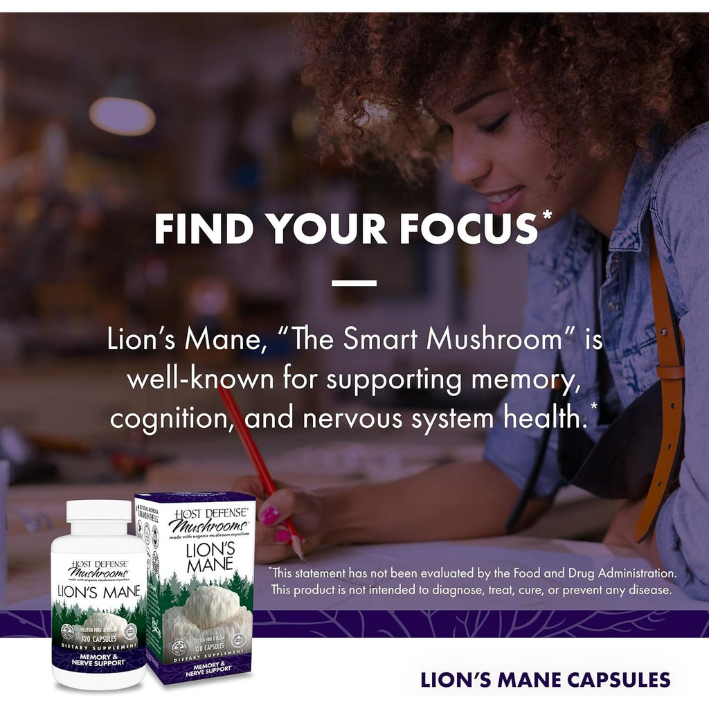 Buy now Host Defense Mushrooms Lion's Mane - Supplement Capsules for Brain Health Support - Mushroom Support for Focus & Memory Function - Immune & Nervous System Supplement - 120 Capsules (60 Servings)* at indiglob india