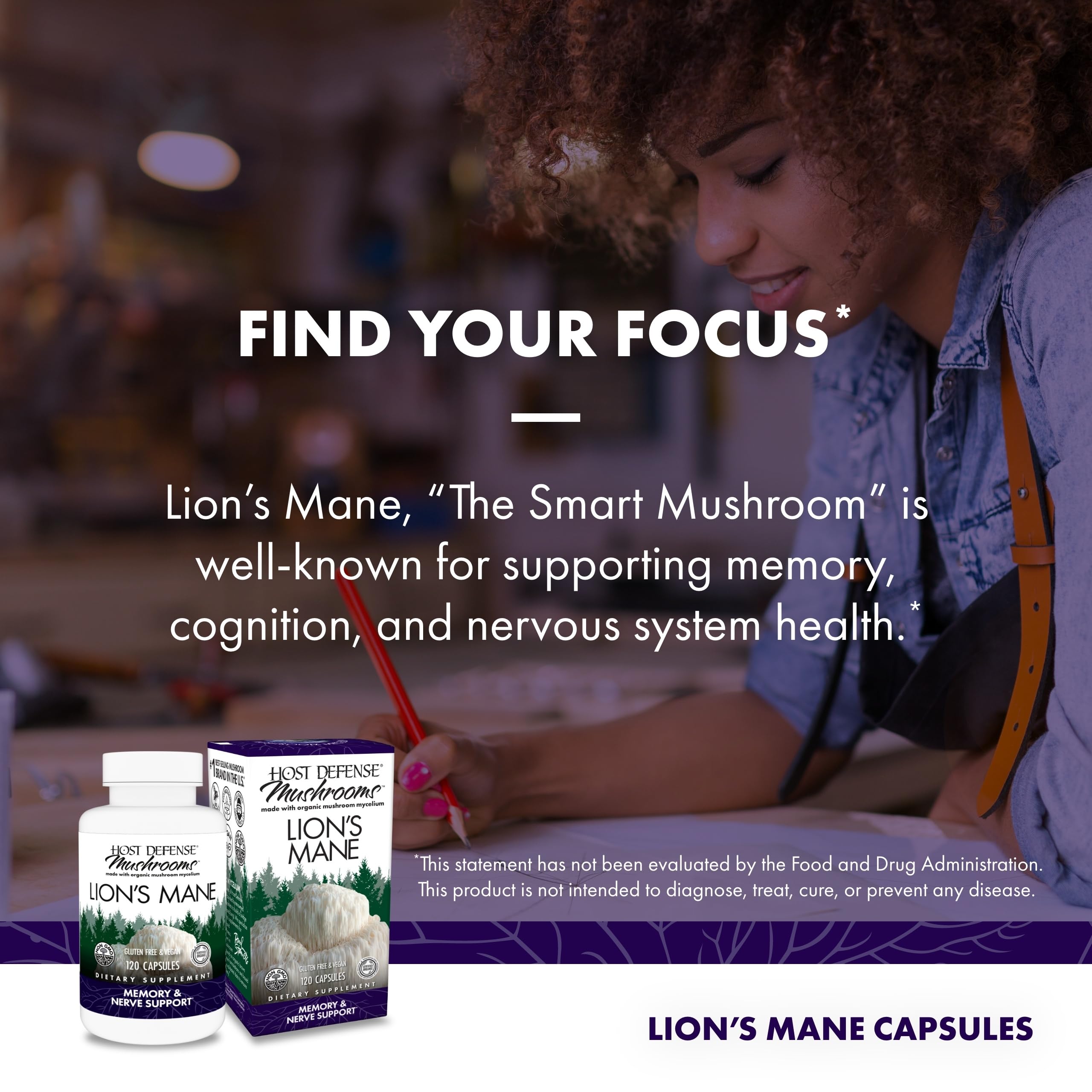 Host Defense Lion's Mane, Brain Health & Focus Support, 120 Capsules | Brain Health Support Supplement to Aid Mental Clarity, Focus, and Memory Function, Immune System Support, 60 Servings