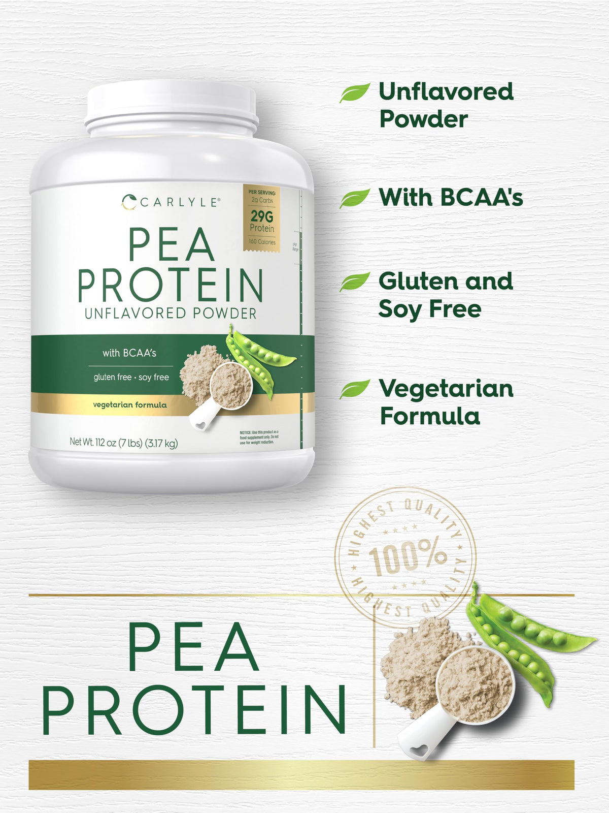 Carlyle Pea Protein Isolate Powder | 7lb | Unflavored | 29G Per Serving