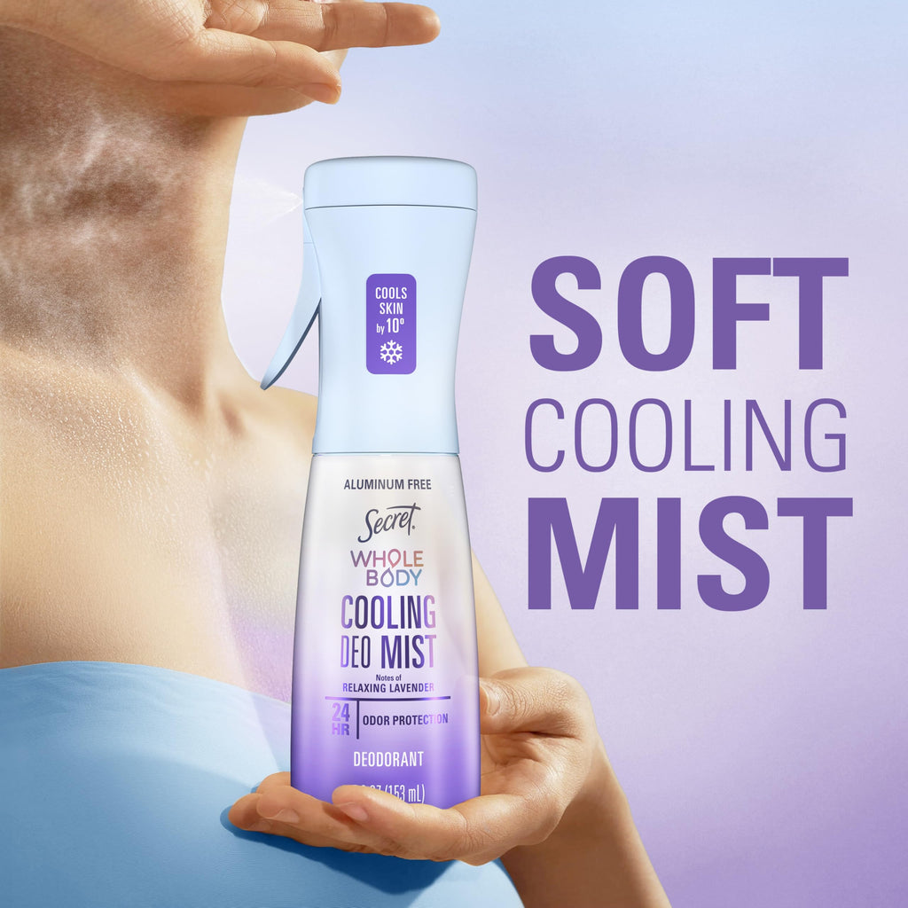 Secret Cooling Aluminum Free Whole Body Deodorant Mist for Women, 24hr Odor Protection, Instant Cooling Relief, Soothes & Revitalizes Skin, PH Balanced Formula, Relaxing Lavender Scent, 5.2 fl oz