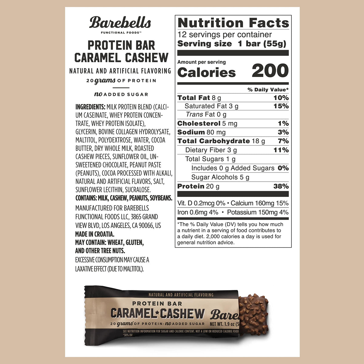 Barebells Protein Bars Caramel Cashew - 12 Count, Pack of 2 - Protein Snacks with 20g of High Protein - Chocolate Protein Bar with 1g of Total Sugars - Perfect on The Go Protein Snack & Breakfast Bars