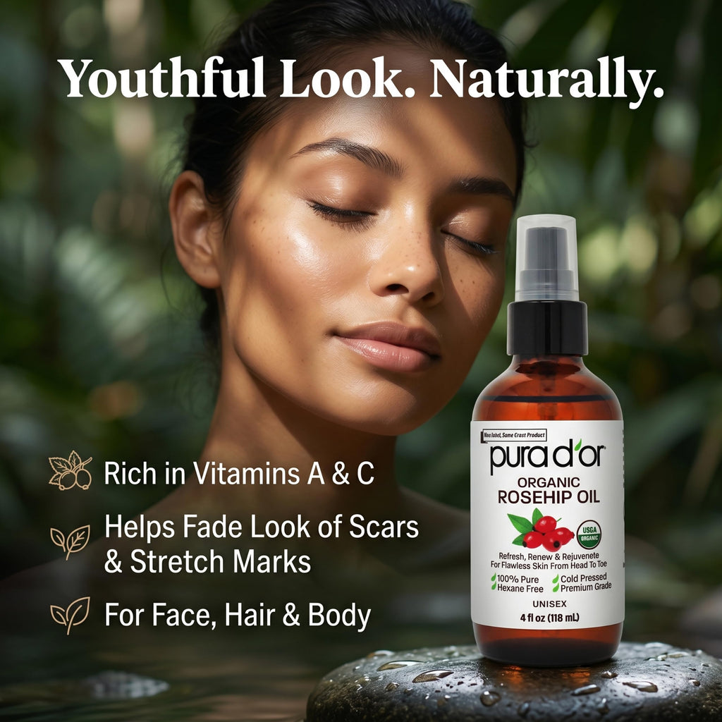 PURA D'OR ORGANIC Rosehip Seed Oil Pure Cold-Pressed for Face, 4oz
