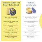 Natural 6 oz moisturizing balm in a jar, featuring tallow and honey for deep skin nourishment without synthetic additives.