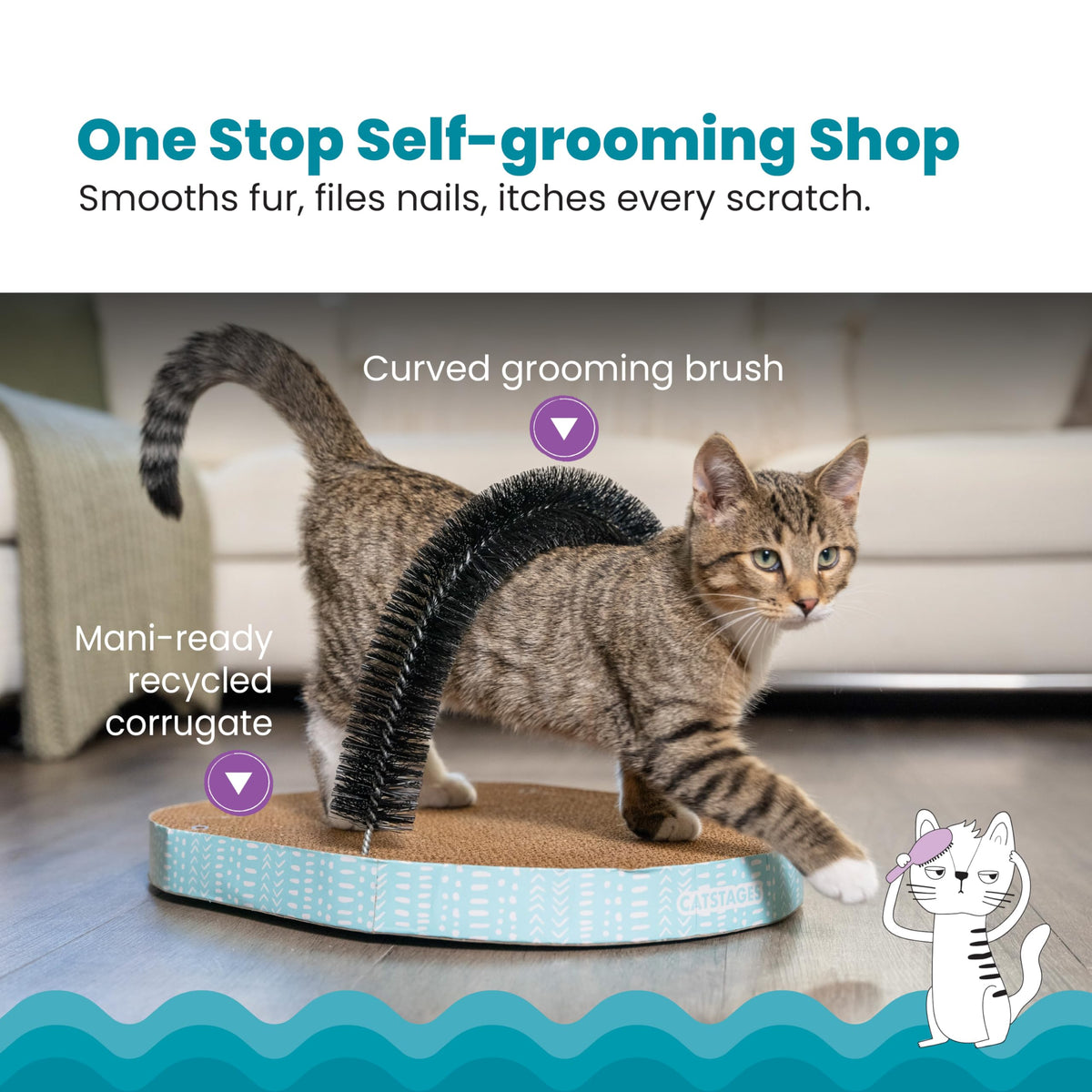 Catstages Scratch & Groom 3-in-1 Cat Scratcher, Brush, and Lounger, 18"