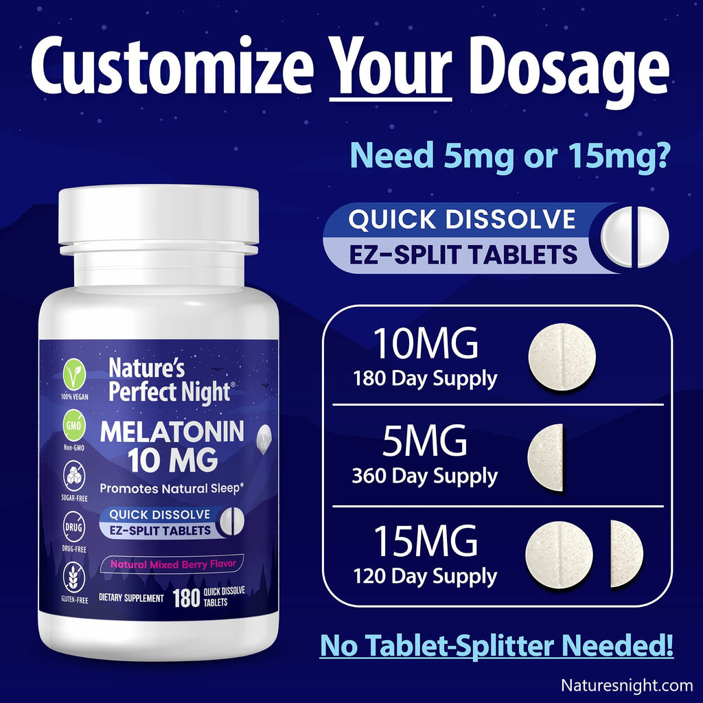 Nature's Perfect Night | Melatonin 10mg | 180 Quick Dissolve Tablets | Natural Mixed Berry Flavor |High Potency | Sugar Free | Vegan | Gluten Free | Value Size
