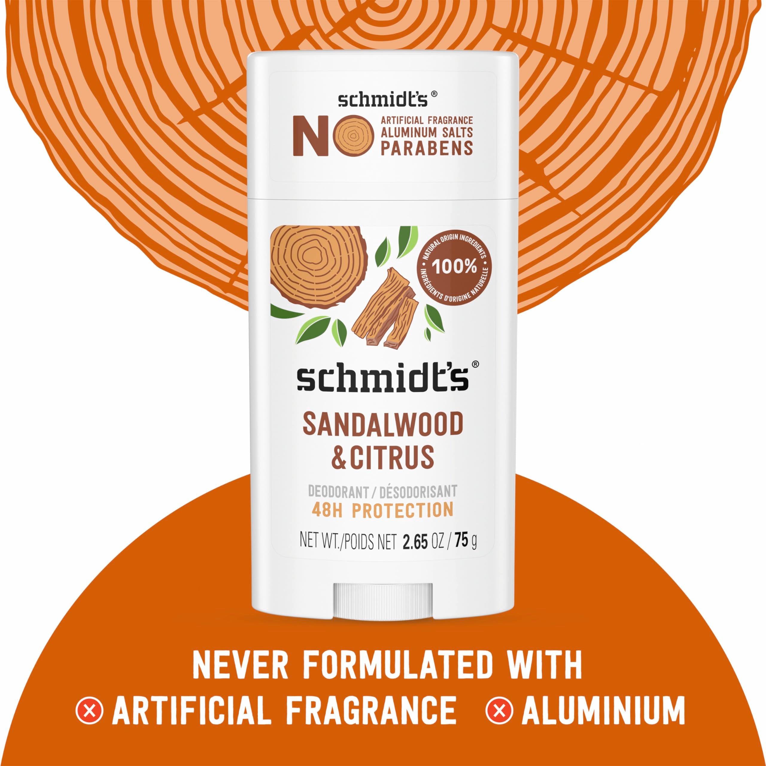 Schmidt's Aluminum Free Natural Deodorant Sandalwood & Citrus 2.65 oz 2 ct | 24 Hour Odor Protection for Women and Men. With Natural Ingredients. Cruelty-Free