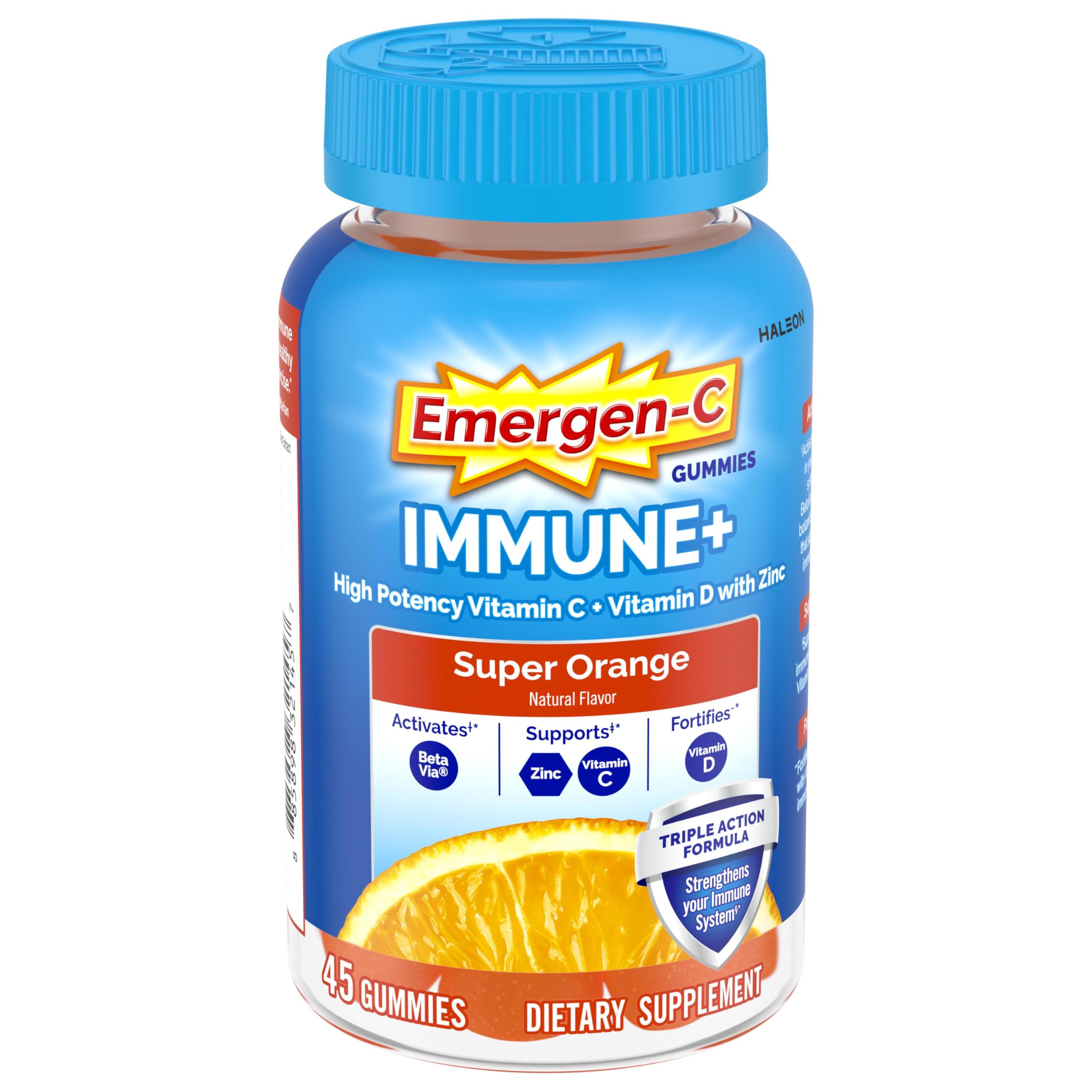 Emergen-C Vitamin C 750mg Immune Support Gummies, Orange, 45 Gummies | BetaVia Immune Plus, Vitamin D, B Vitamins, Zinc and Manganese, Triple Action, Chewable Gummies