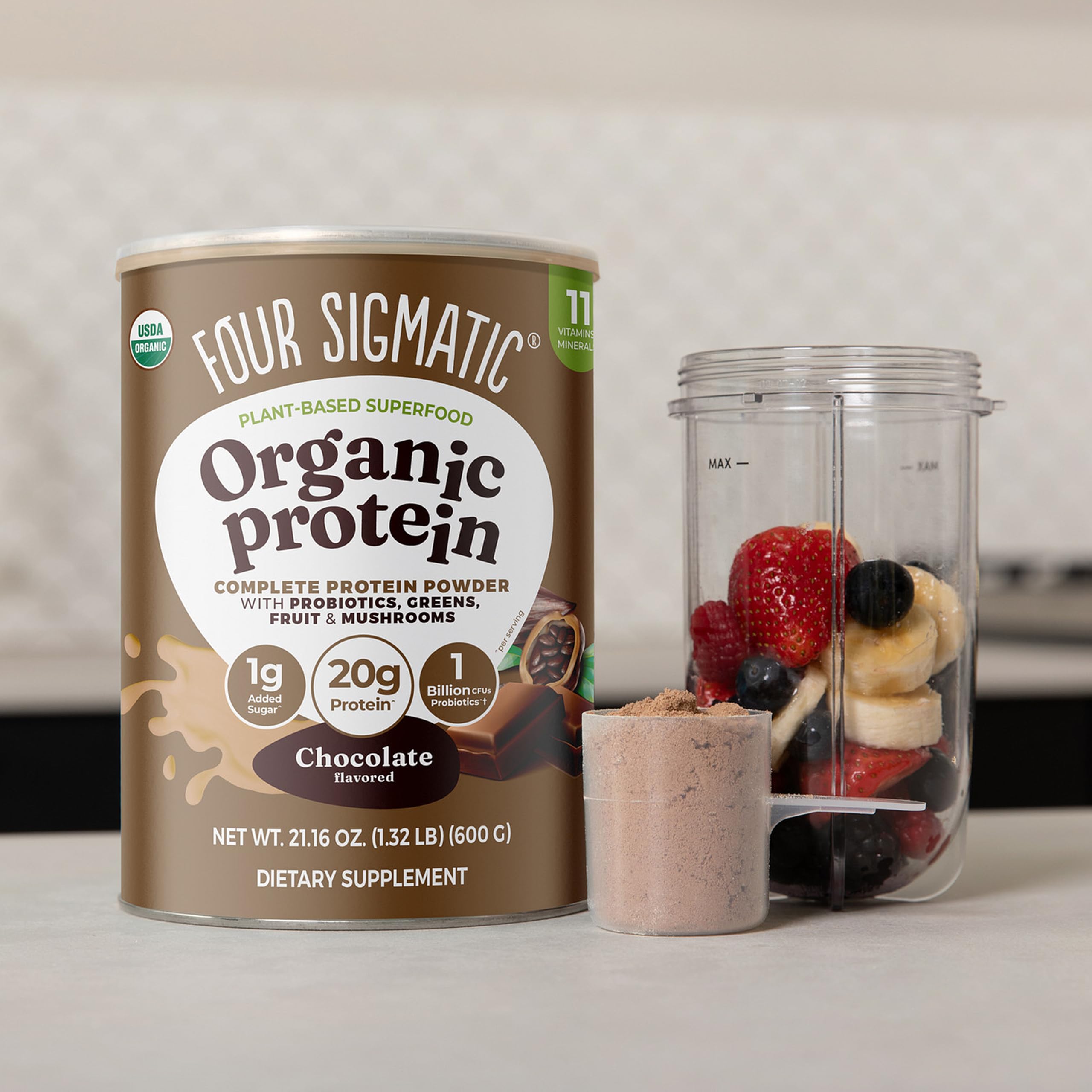 Four Sigmatic Organic Plant-Based Protein Powder | Clean Vegan Protein Elevated with Lion’s Mane, Chaga, Cordyceps and More for Brain Function and Immune Support | Creamy Cacao, 21.16 oz