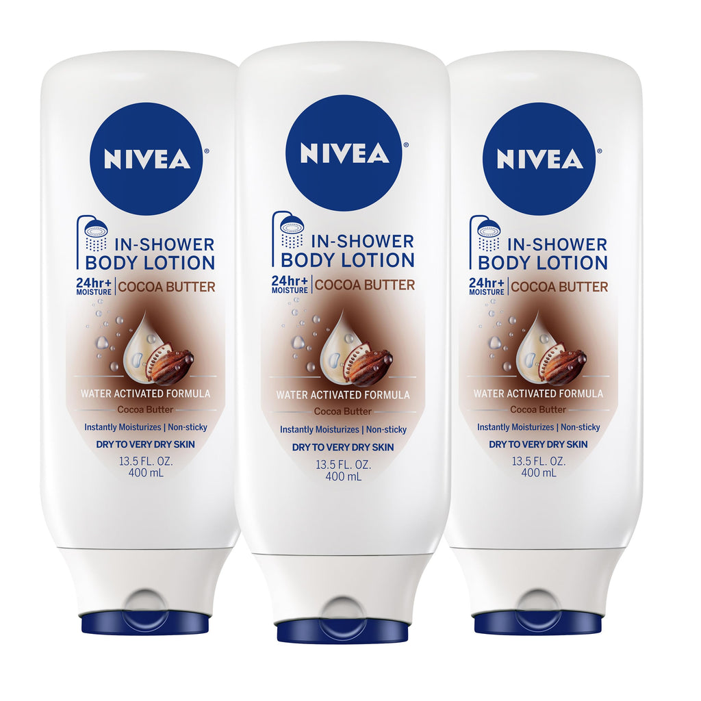 NIVEA Nourishing In Shower Body Lotion, Cocoa Butter, 13.5 FL OZ | Water Activated In Shower Moisturizer with Cocoa Butter for Dry to Very Dry Skin, Non Sticky, Non Greasy Feel