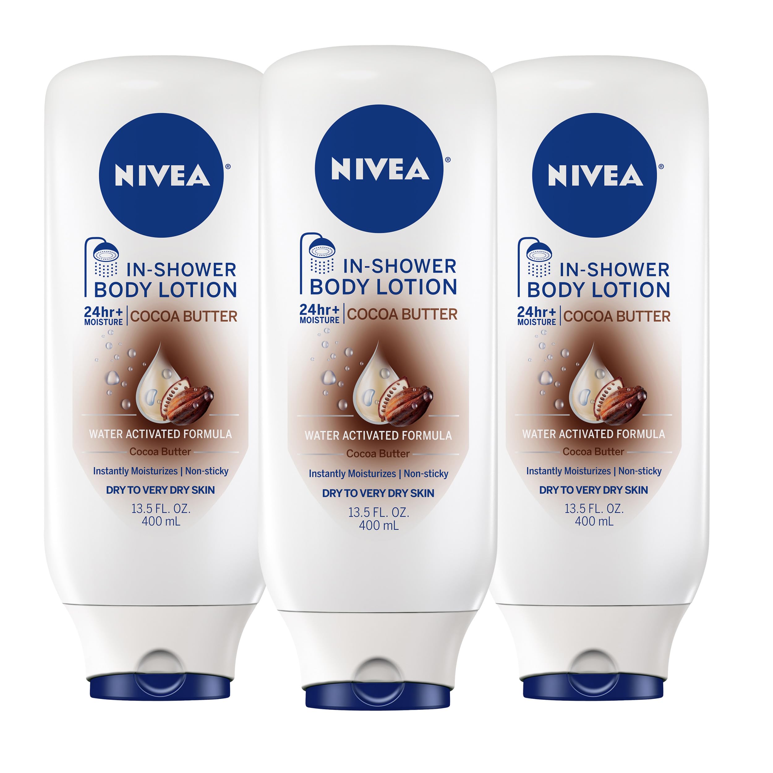 NIVEA Nourishing In Shower Body Lotion, Cocoa Butter, 13.5 FL OZ | Water Activated In Shower Moisturizer with Cocoa Butter for Dry to Very Dry Skin, Non Sticky, Non Greasy Feel