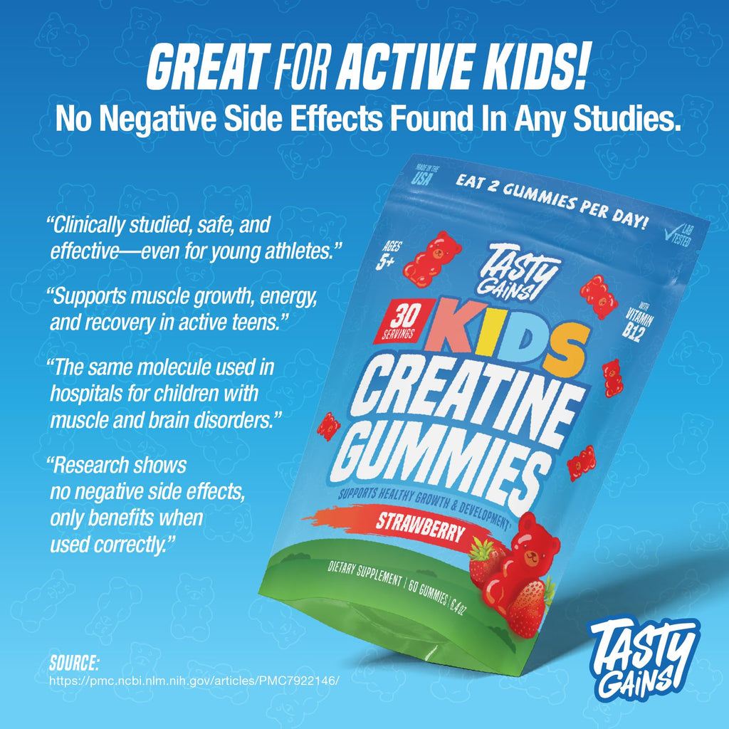 TASTY GAINS Kids & Teen Creatine Gummies with Vitamin B12 for Advanced Growth Support, Youth Sports Performance & Cellular Muscle Hydration Chewables, Ages 5+ (Strawberry, 60 Count)