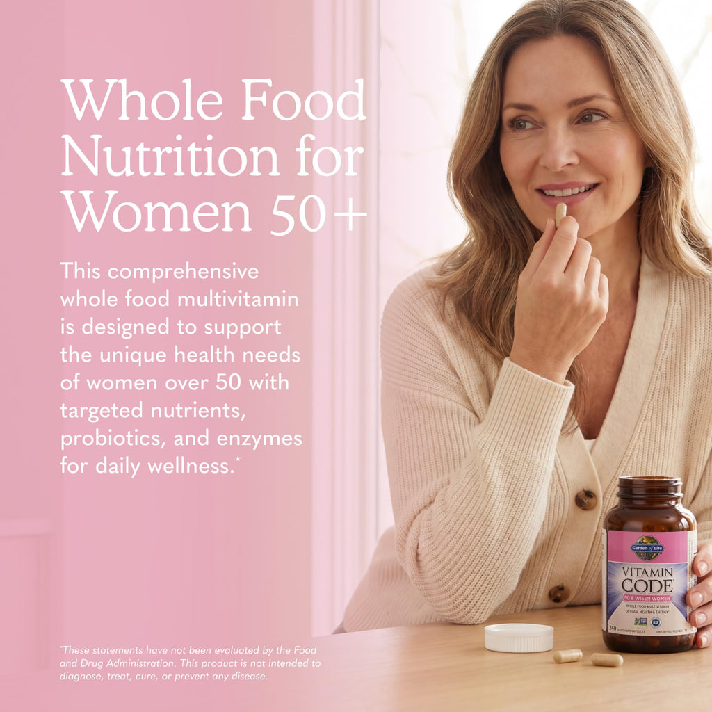 Garden of Life Vitamin Code Multivitamin for Women 50 & Over, 240 Capsules, Vitamins for Women 50 Plus with B Vitamins, Vitamins A, C, D3, E & K, CoQ10, Probiotics & Enzymes