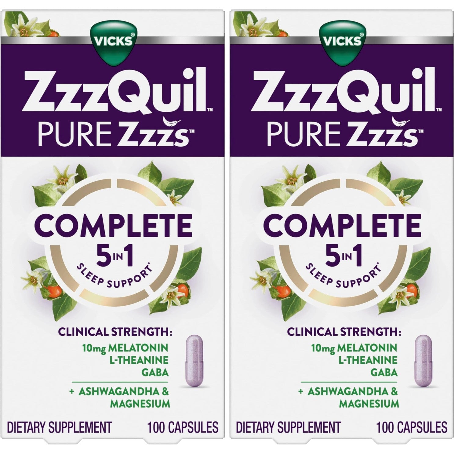 ZzzQuil Pure Zzzs Complete Sleep, Melatonin 10mg, L-Theanine, GABA, with Ashwagandha, and Magnesium, Melatonin Sleep Aid, 100 Count