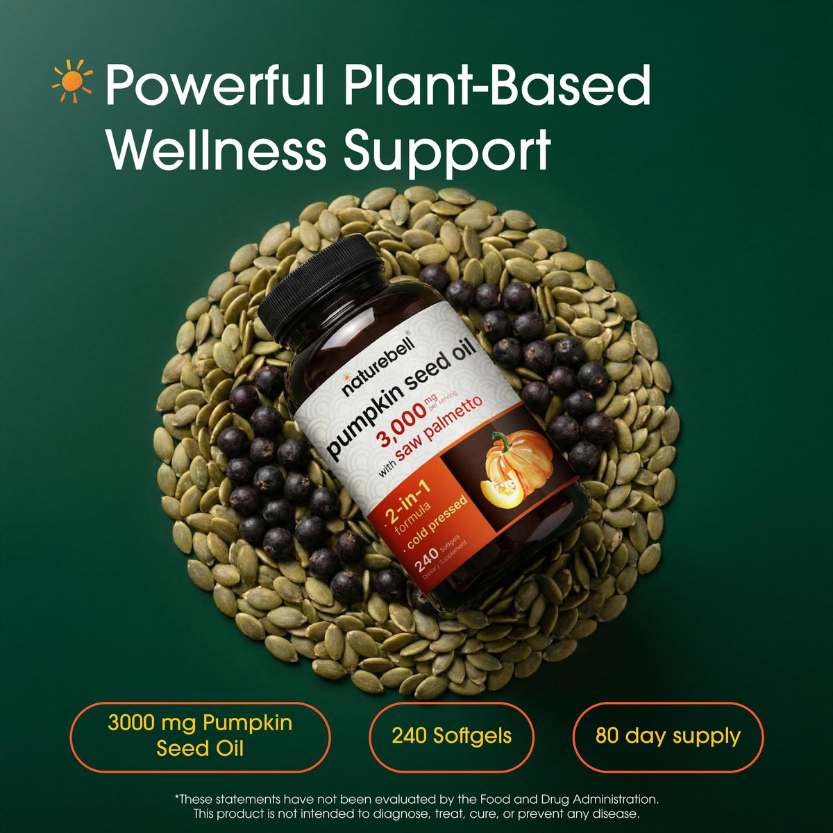 NatureBell Pumpkin Seed Oil 3,000mg with Saw Palmetto, 240 Softgels