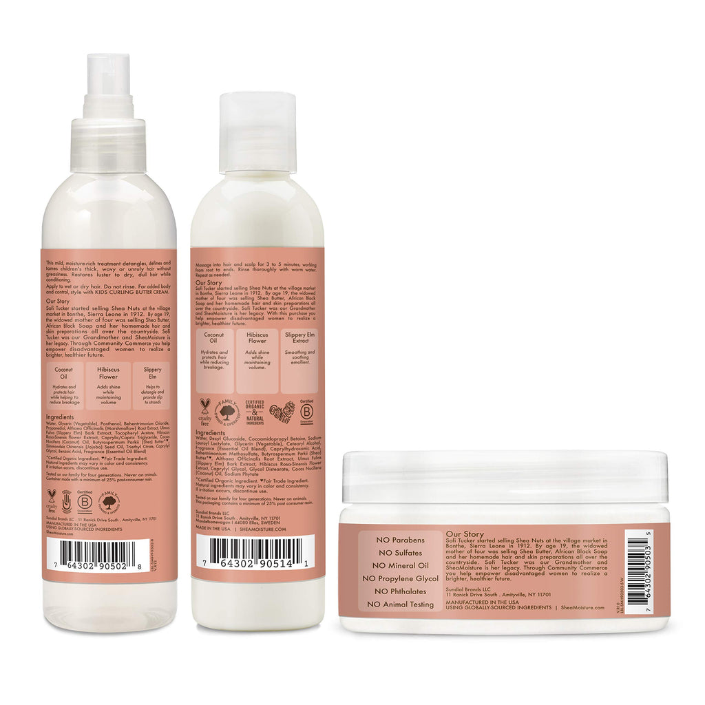 SheaMoisture Kids Extra Moisturizing Detangler, 2-In-1 Curl & Shine Coconut Hibiscus Shampoo & Conditioner, and Curling Butter Cream for Curly Hair 3 Count