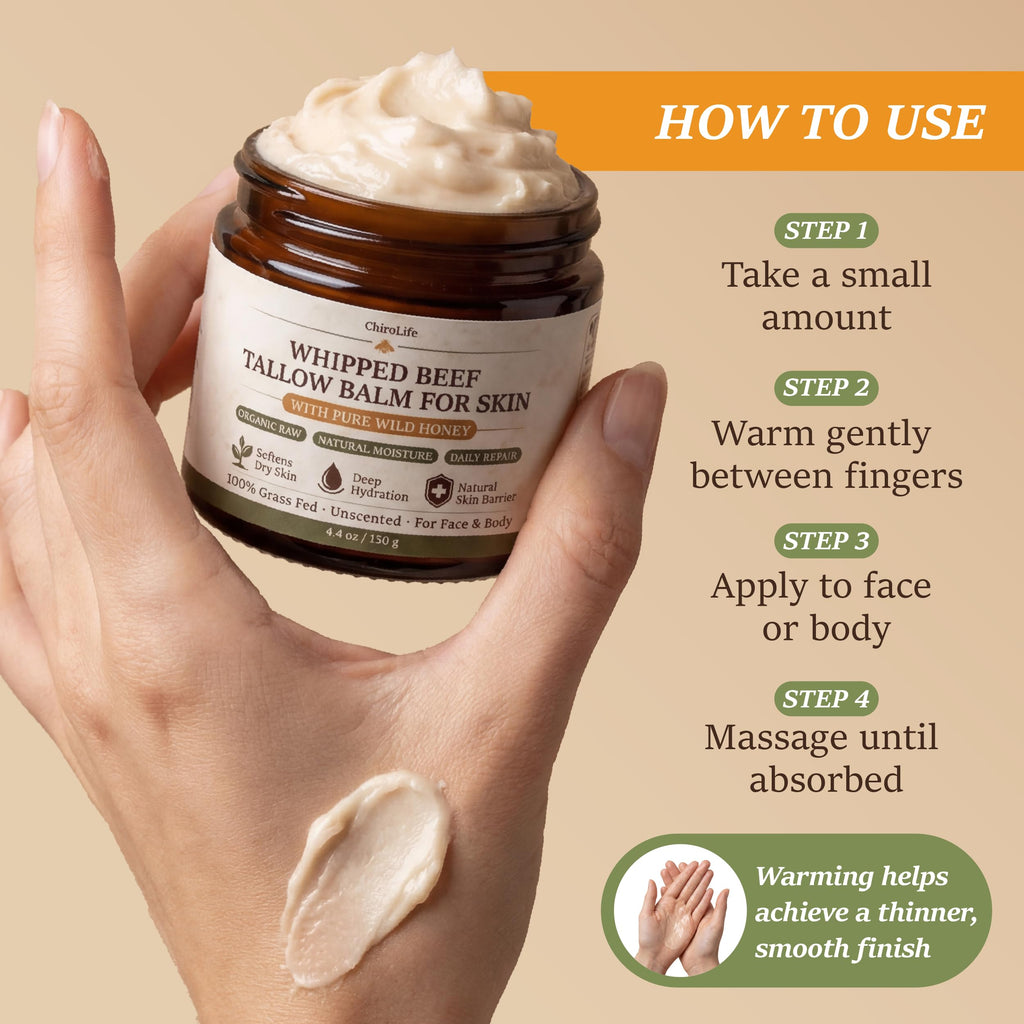Grass-Fed Beef Tallow for Skin, Whipped Tallow and Honey Balm, 4.4 oz