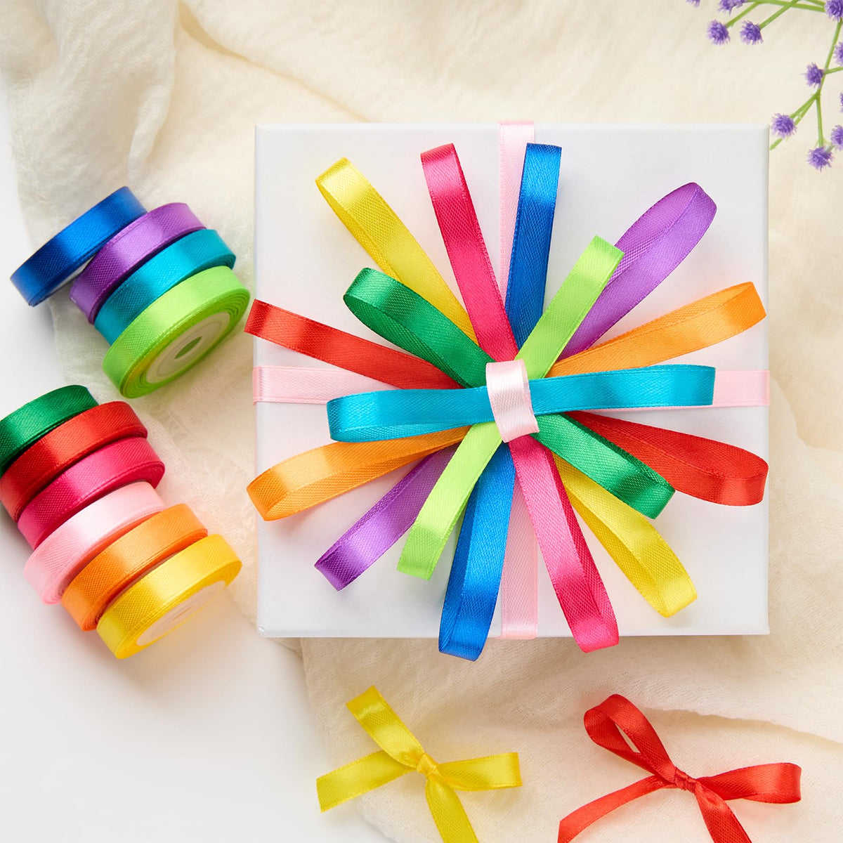 Rainbow Satin Ribbon, 3/8 Inch x 10 Rolls, 100 Yards Total