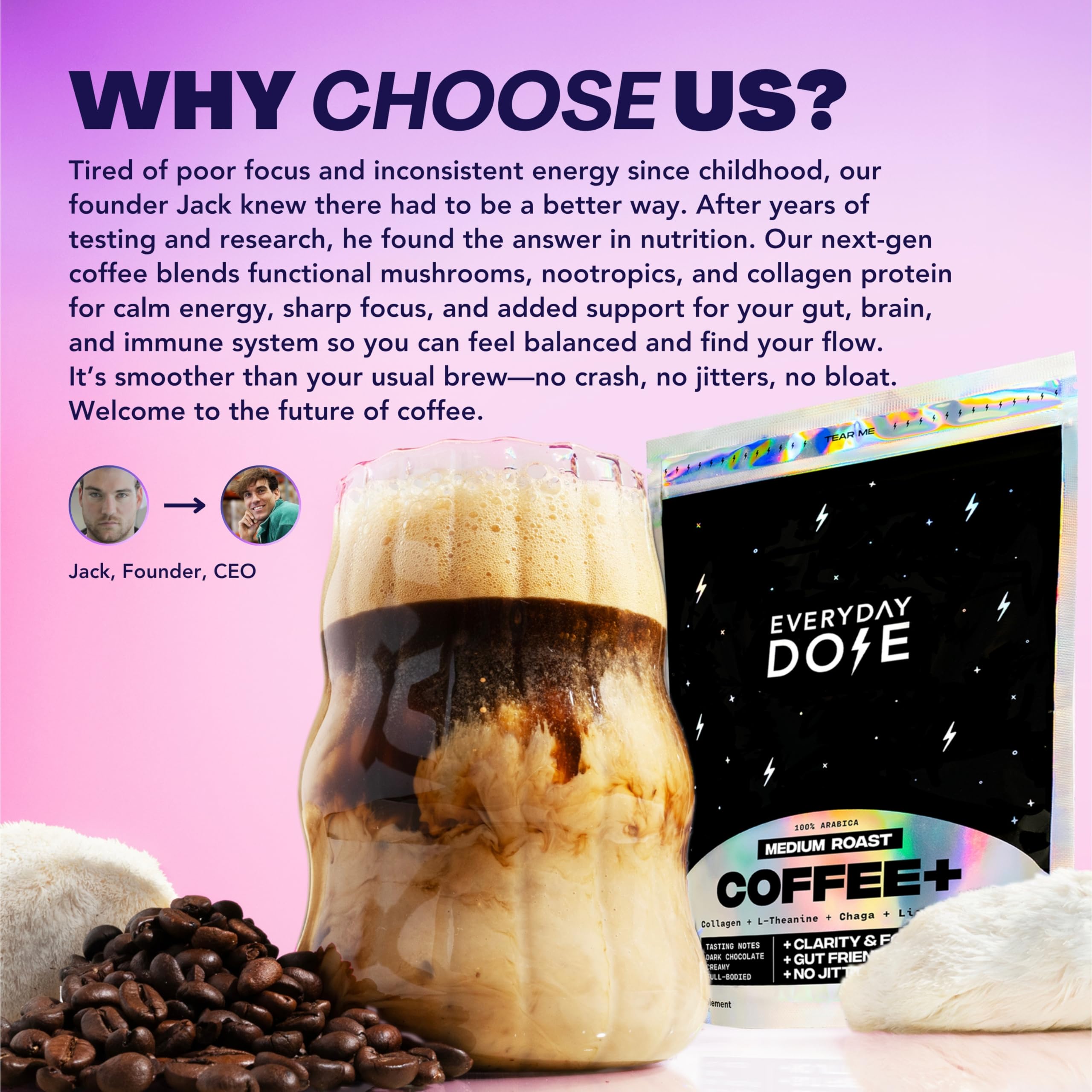 Everyday Dose Bold Medium Roast Mushroom Coffee 90mg Caffeine per serving with Grass-Fed Collagen, Chaga, Lions Mane & L-Theanine for Better Focus, Energy, Digestion, Skin, and Immunity 30 Servings