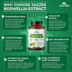 Zazzee Extra Strength Boswellia 10:1 Extract, 180 Capsules, 6 Month Supply | 65% Boswellic Acid, Vegan, Boswellia Serrata, Joint Comfort, Mobility & Flexibility Support, Non-GMO, Made in the USA
