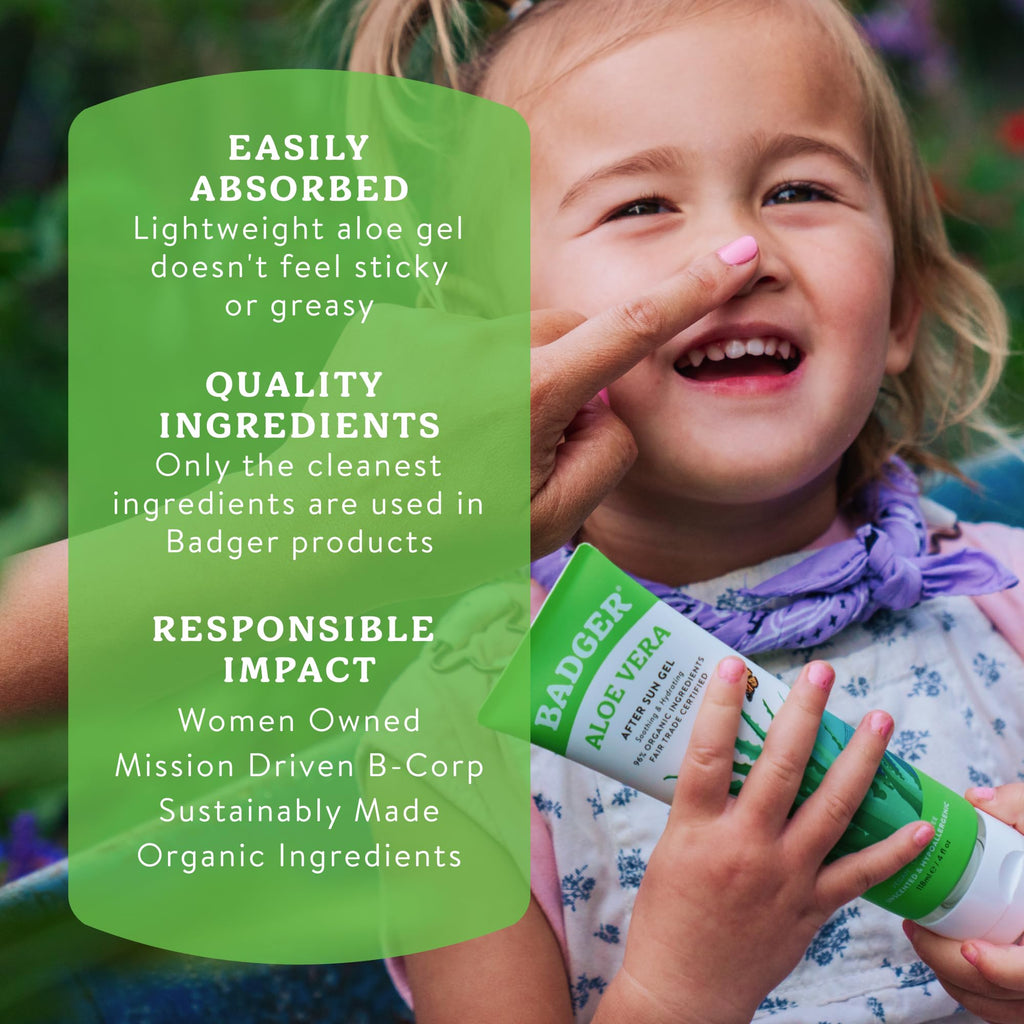 Badger Organic Aloe Vera Gel for Face & Body, 96% Pure Unscented Organic Aloe Gel for Cooling, Soothing, Non-Sticky Sunburn Relief, Vegan, Fair Trade & Hypoallergenic, 4 fl oz, 2-Pack