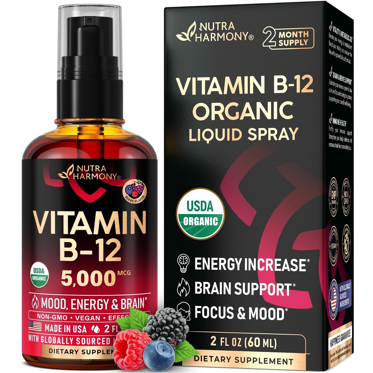 USDA Organic Vitamin B12 Sublingual Drops - Methylcobalamin 5000 mcg - 2 Oz | Vitamin B12 for Women & Men - Energy Boost, Focus & Brain Support - Bioavailable - Berry Flavor, Sugar-Free - 60-Day Supply