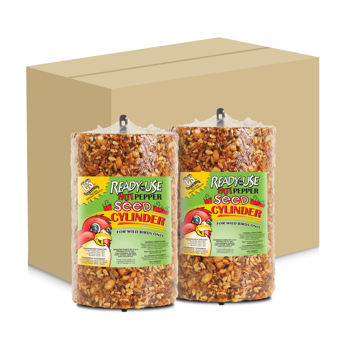 C&S Ready to Use Hot Pepper Bird Seed Cylinder, Spicy Wild Bird Outdoor Feeder with Hanger, 1.76 Pound Cylinder, 2 Pack