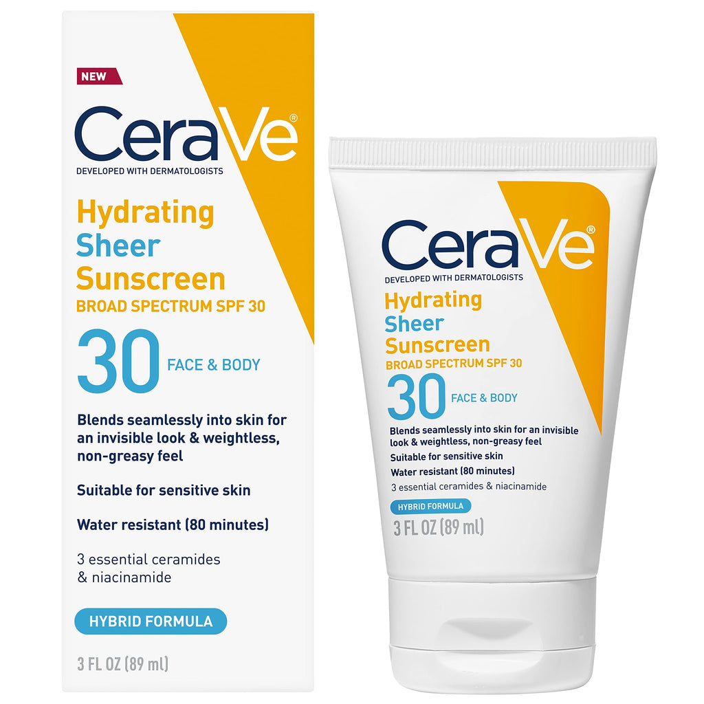 CeraVe Hydrating Sheer Sunscreen SPF 30 with Hyaluronic Acid, 3oz | Mineral and Chemical Sunscreen For Face and Body with Zinc Oxide & Ceramides, Fragrance-Free & Paraben-Free