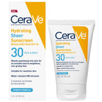 CeraVe Hydrating Sheer Sunscreen SPF 30 with Hyaluronic Acid, 3oz | Mineral and Chemical Sunscreen For Face and Body with Zinc Oxide & Ceramides, Fragrance-Free & Paraben-Free