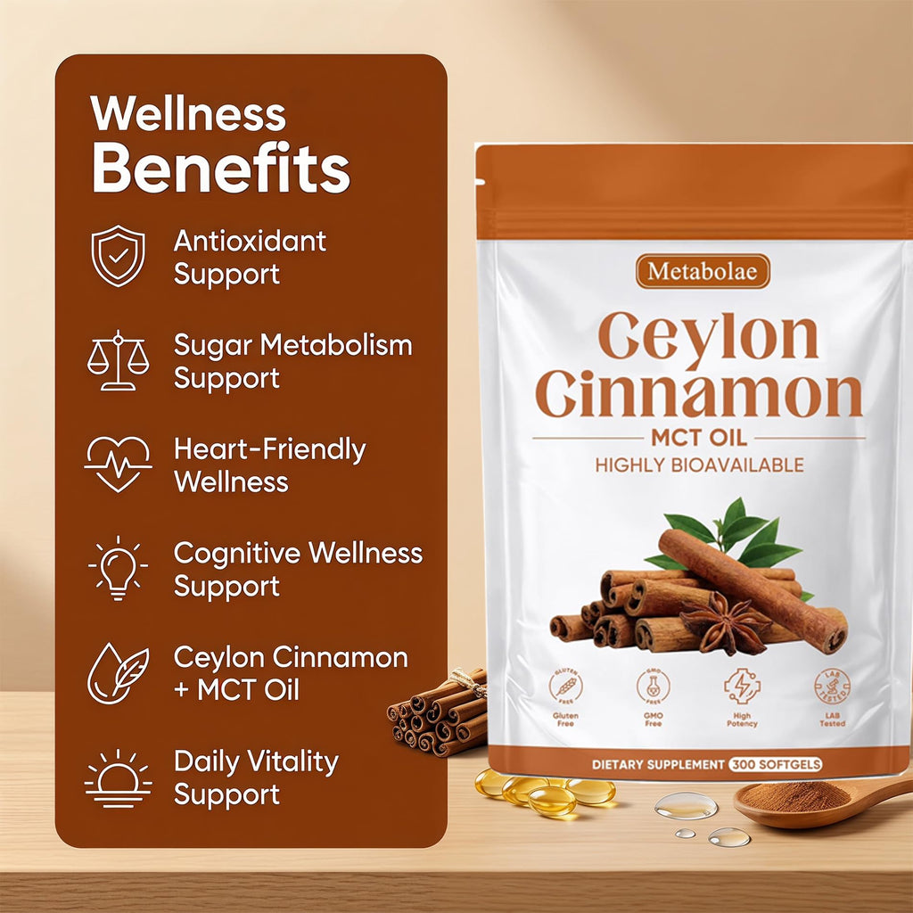 Metabolae Ceylon Cinnamon Capsules – 300 Softgels, Supports Metabolic Balance, Energy & Daily Wellness, Cinnamomum Verum Extract with MCT Oil, Non GMO (1)