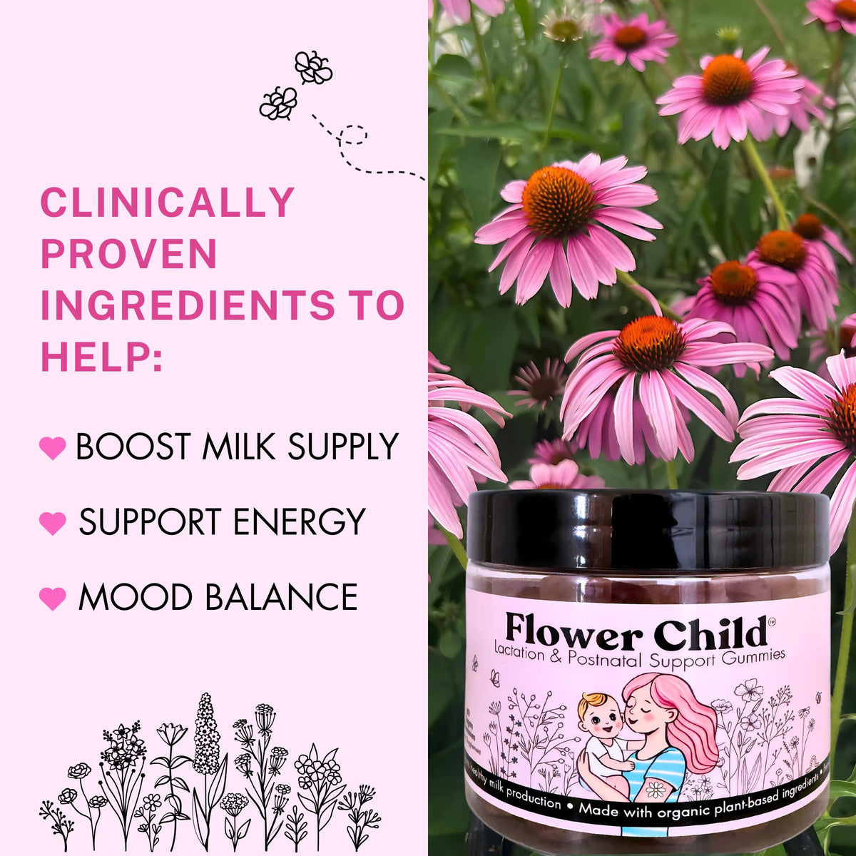 Flower Child Breastfeeding Gummies for Milk Production with Organic Moringa, Milk Thistle, Choline & DHA, Lactation Supplement Postnatal Recovery Vitamins, Fenugreek Free, Vegan, 60 Count