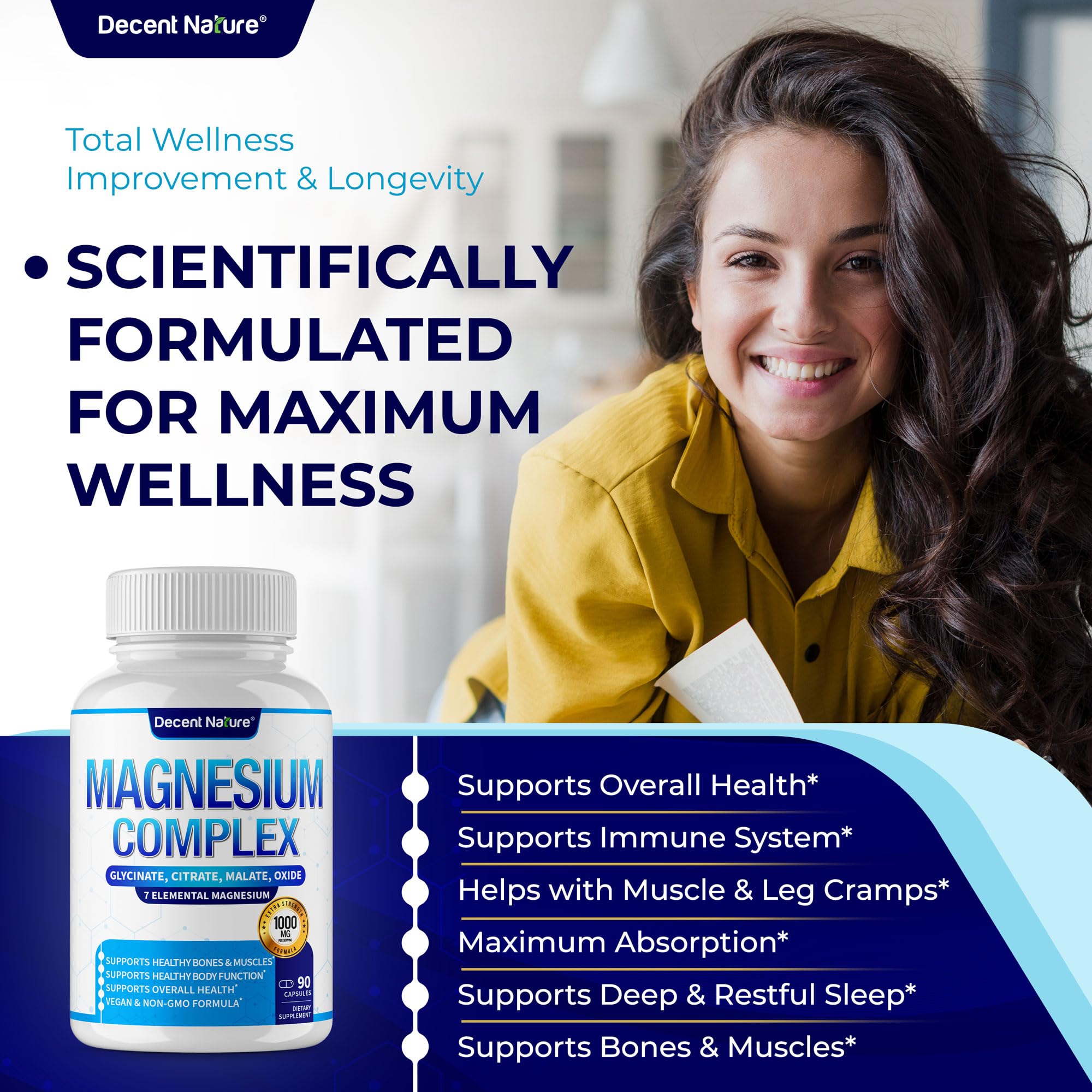 Magnesium Complex 7 Elemental Magnesium Supplement 1000mg – Magnesium Glycinate, Citrate, Malate, Taurate, Oxide, Aspartate, Orotate Non-GMO 90 Capsules (Pack of 1)