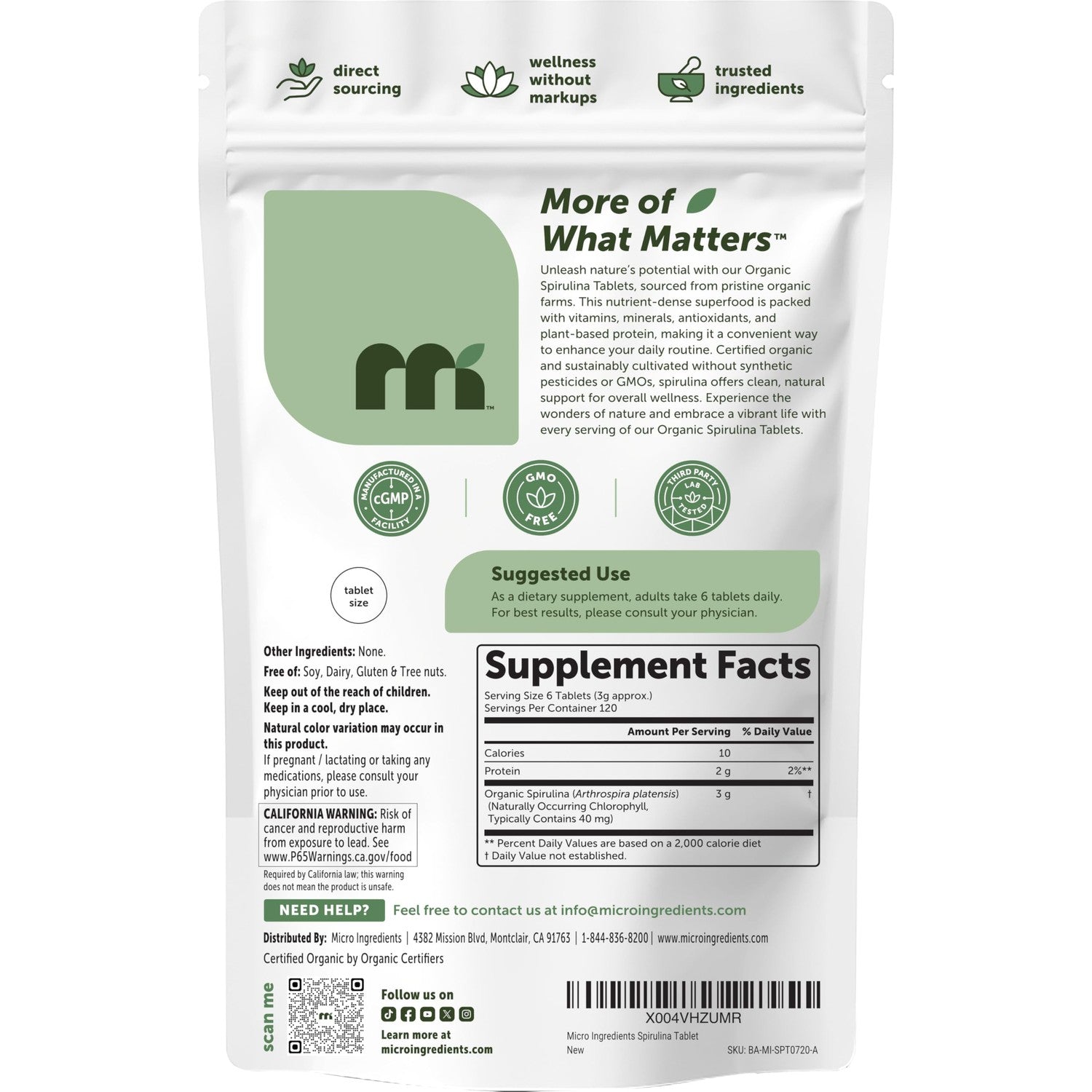 Micro Ingredients Organic Spirulina Supplement, 720 Tablets (4 Month Supply), No Filler & Non-GMO, Rich in Vegan Protein, Vitamins & Prebiotics, Premium Spirulina Pills