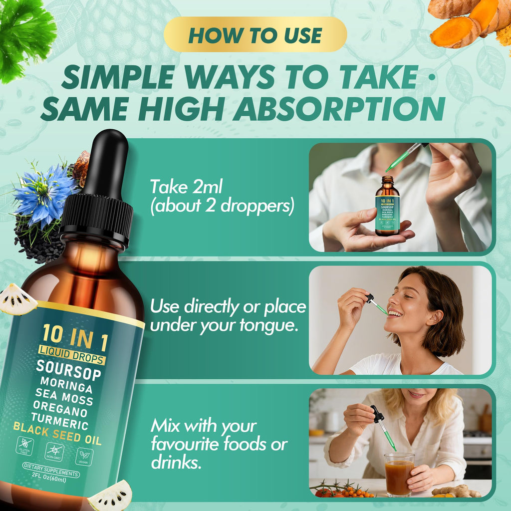 Dobeko Soursop Bitters Liquid Drops, Bitter Herbs with Soursop Extract, Ashwagandha, Sea Moss & Black Seed Oil, Formulated for Immune Wellness, Antioxidant Support & Healthy Digestion, 2 FL Oz