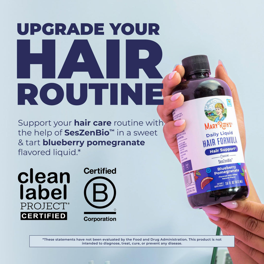 MARYRUTH'S Daily Liquid Hair Formula, Thicker, Stronger Hair in Women, 16oz | 500 mg SesZenBio™, 2,500 mcg Biotin, Vitamin C, Thicker, Stronger Hair, Hair, Skin, & Nail Health
