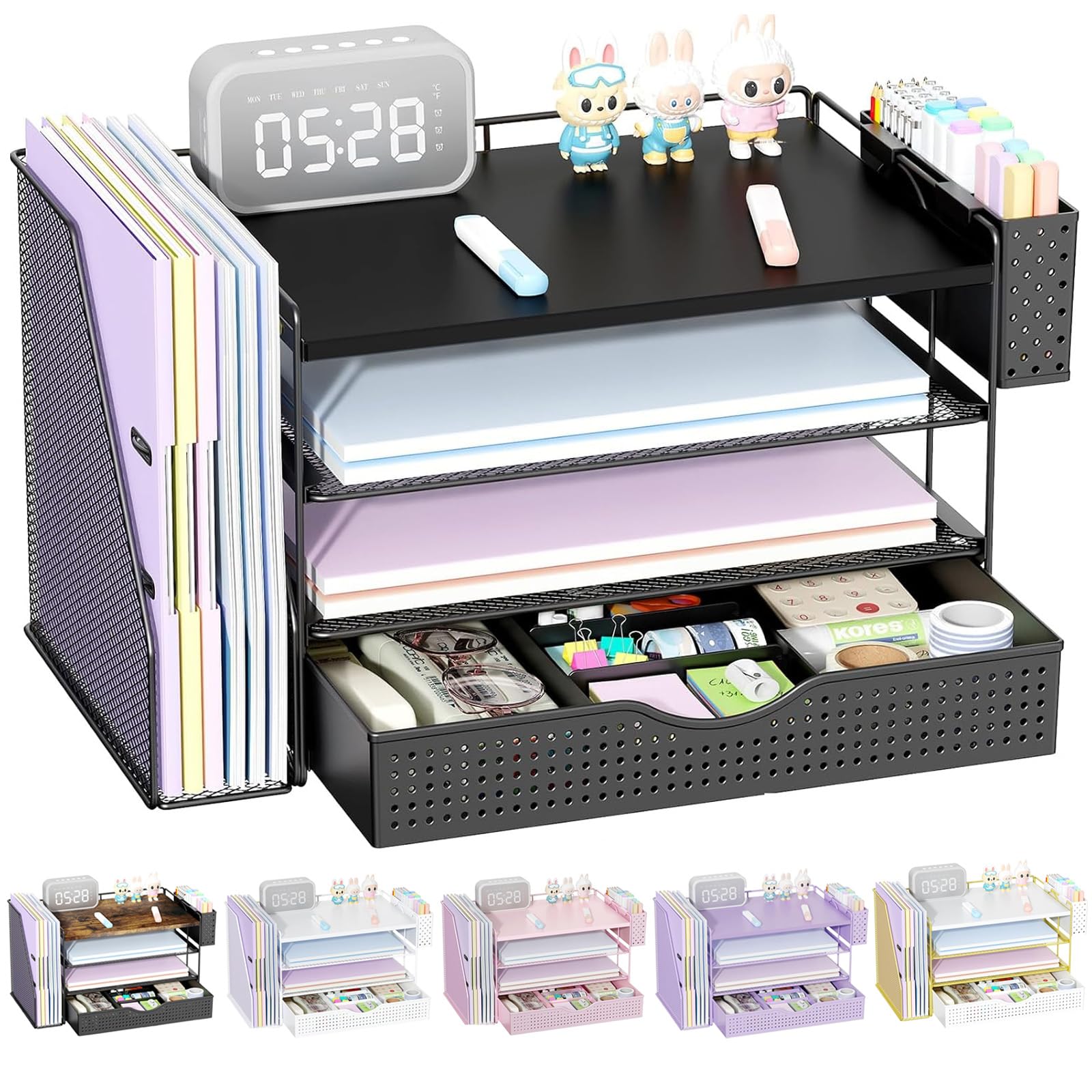 Buy now gianotter Wood Desk Organizers and Accessories with File Holder, 4-Tier Desk Accessories & Workspace Organizers with Drawer and Pen Holder, Paper Organizer for Office Supplies (Black) Black at indiglob india
