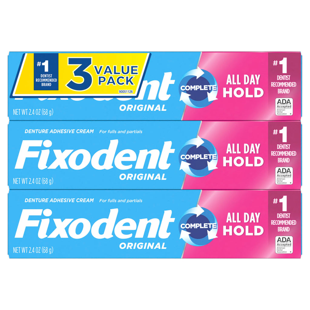 Fixodent Complete Denture Adhesive Cream, Original, 2.4 oz (3-Pack) – Strong False Teeth Glue, Secure Dental Adhesive for Full and Partial Plates, Packaging May Vary