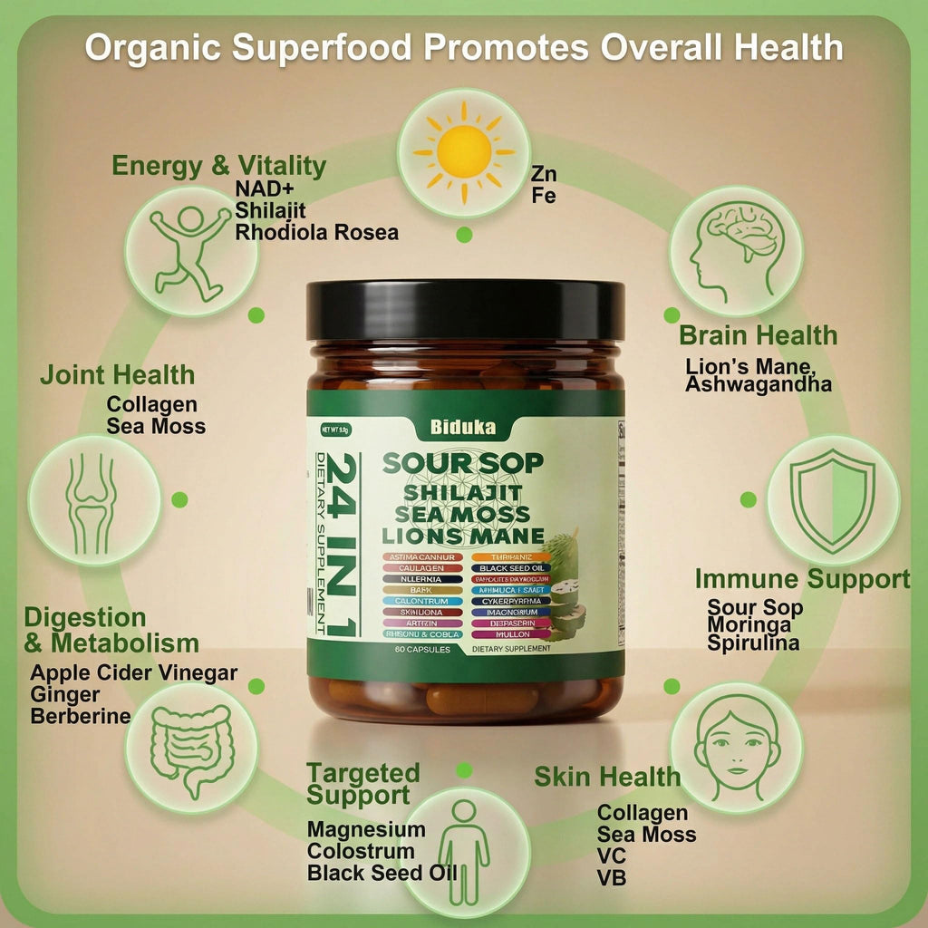 24-in-1 Soursop Capsules with Shilajit, Sea Moss, Lions Mane, Ashwagandha, Elderberry, Vitamin C, D3 & Magnesium | 20:1 Extracts | Daily Wellness Support for Adults | Non-GMO