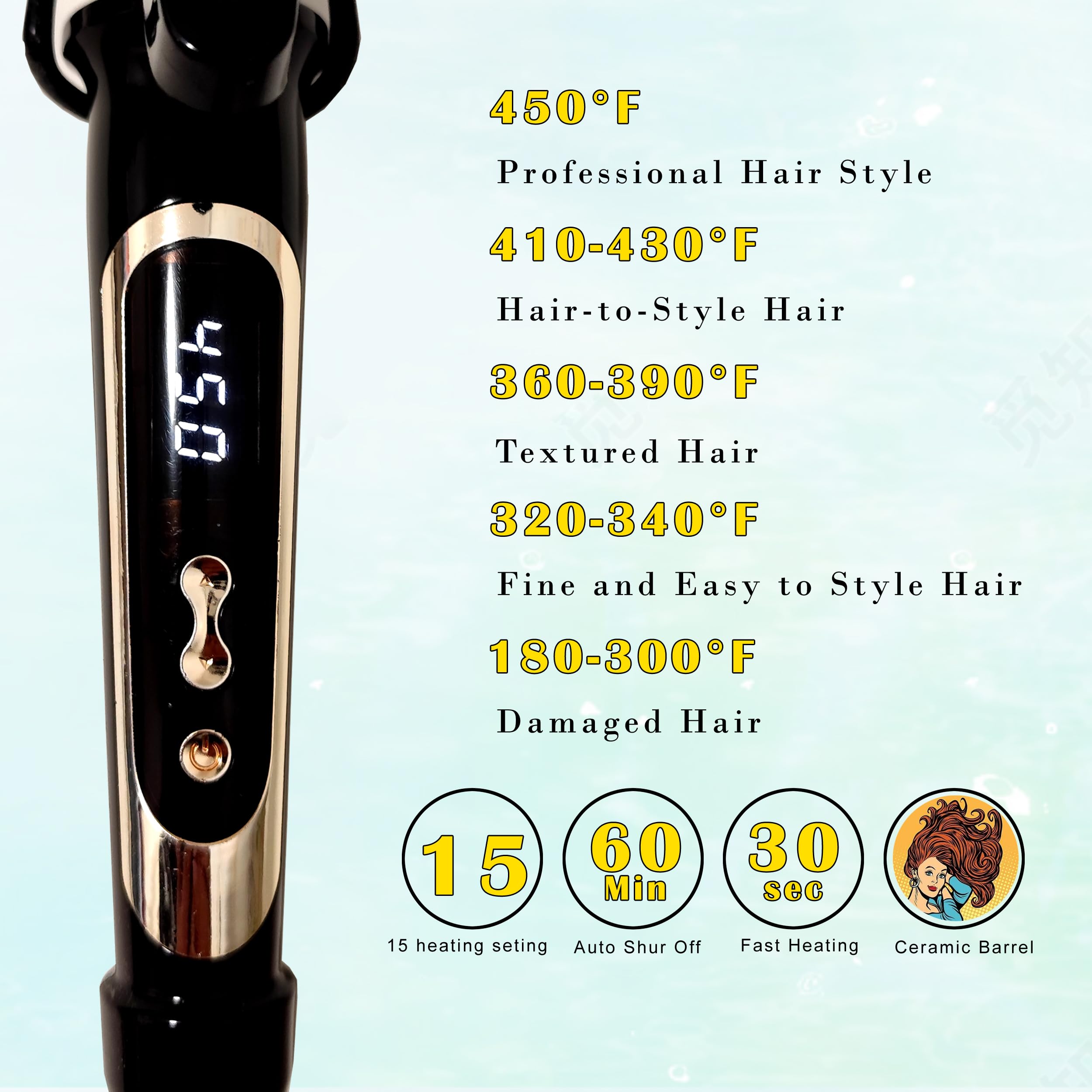 abp 3/4 Inch Extra Long Barrel Curling Iron with Clamp Instant Heat to 450F | Ceramic Coating with LCD Display, 0.75 Inch Hair Style Tools for Short/Medium Hair, Designed for Women & Girls