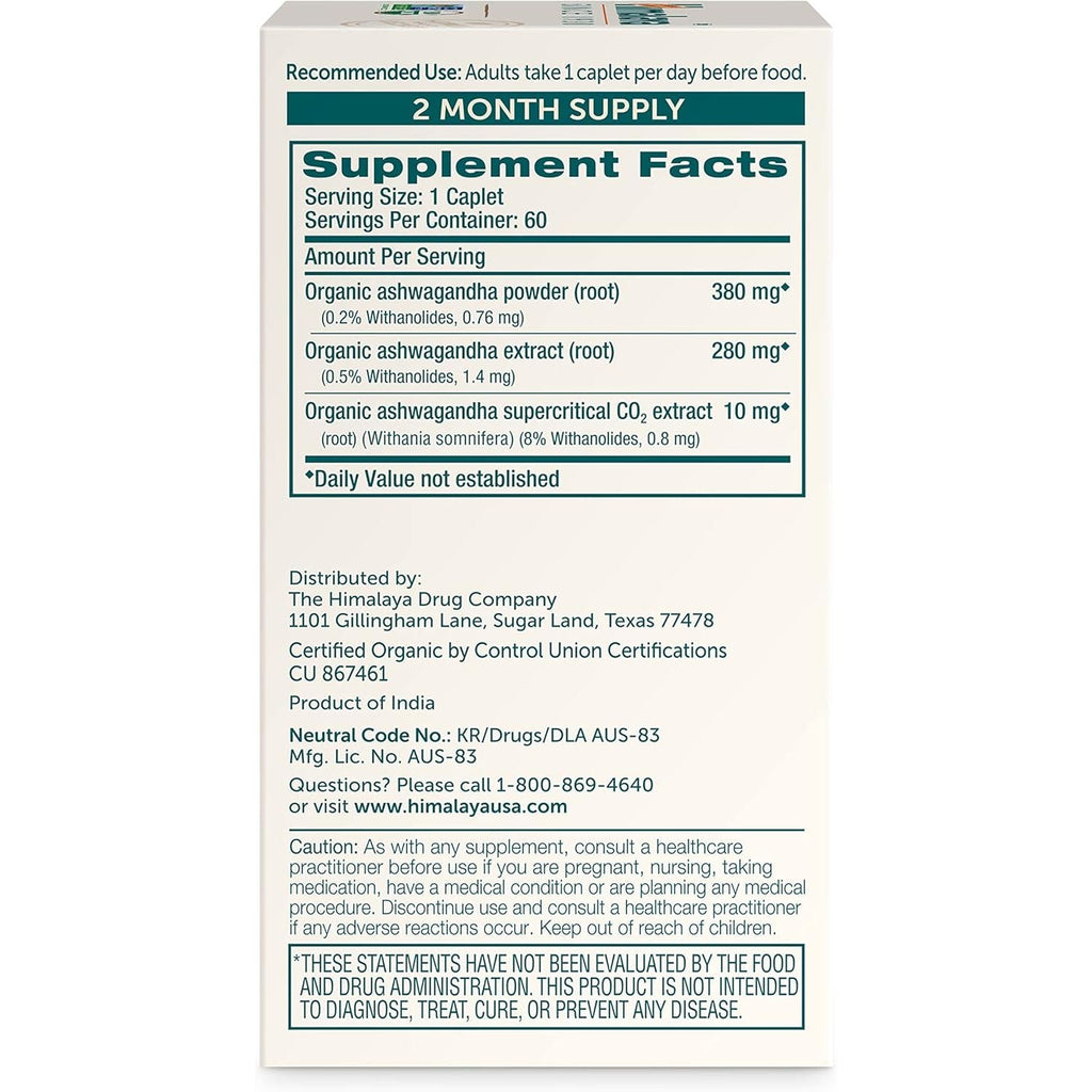 Buy now Himalaya Organic Ashwagandha, 60 Day Supply, Herbal Supplement for Stress Relief, Energy Support, Occasional Sleeplessness, Organic, Non-GMO, Vegan, Gluten Free, 670 mg, 60 Caplets at indiglob india