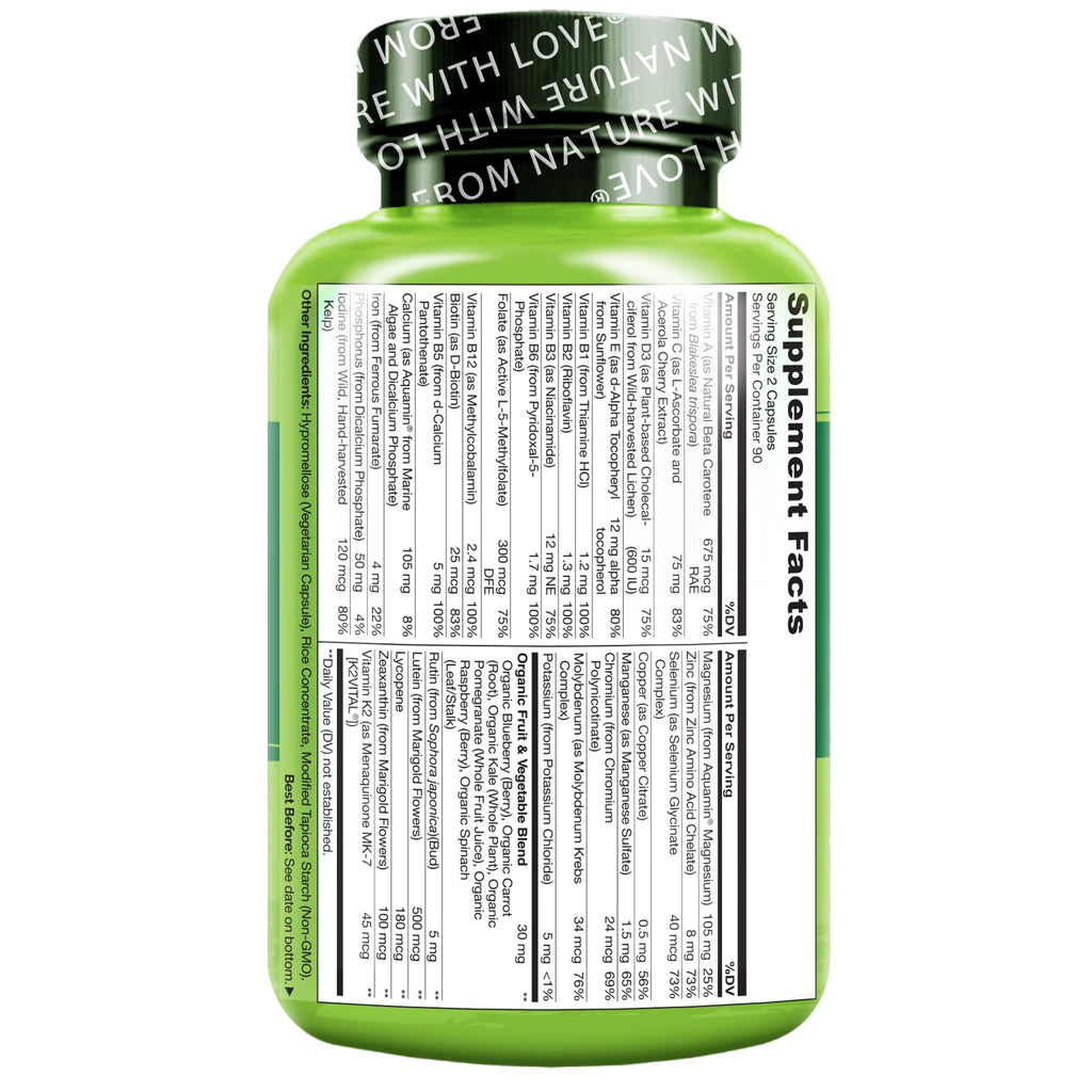 NATURELO Multivitamins for Teenage Girls/Boys, 180 Capsules | Whole Food Multivitamin with Minerals, Non-GMO, Vegetarian