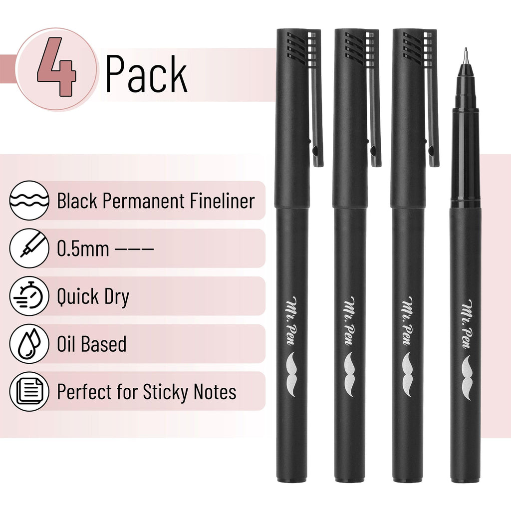 Mr. Pen- Black Fineliner Pens, 4pcs, 0.5mm, Pen for Transparent Sticky Note