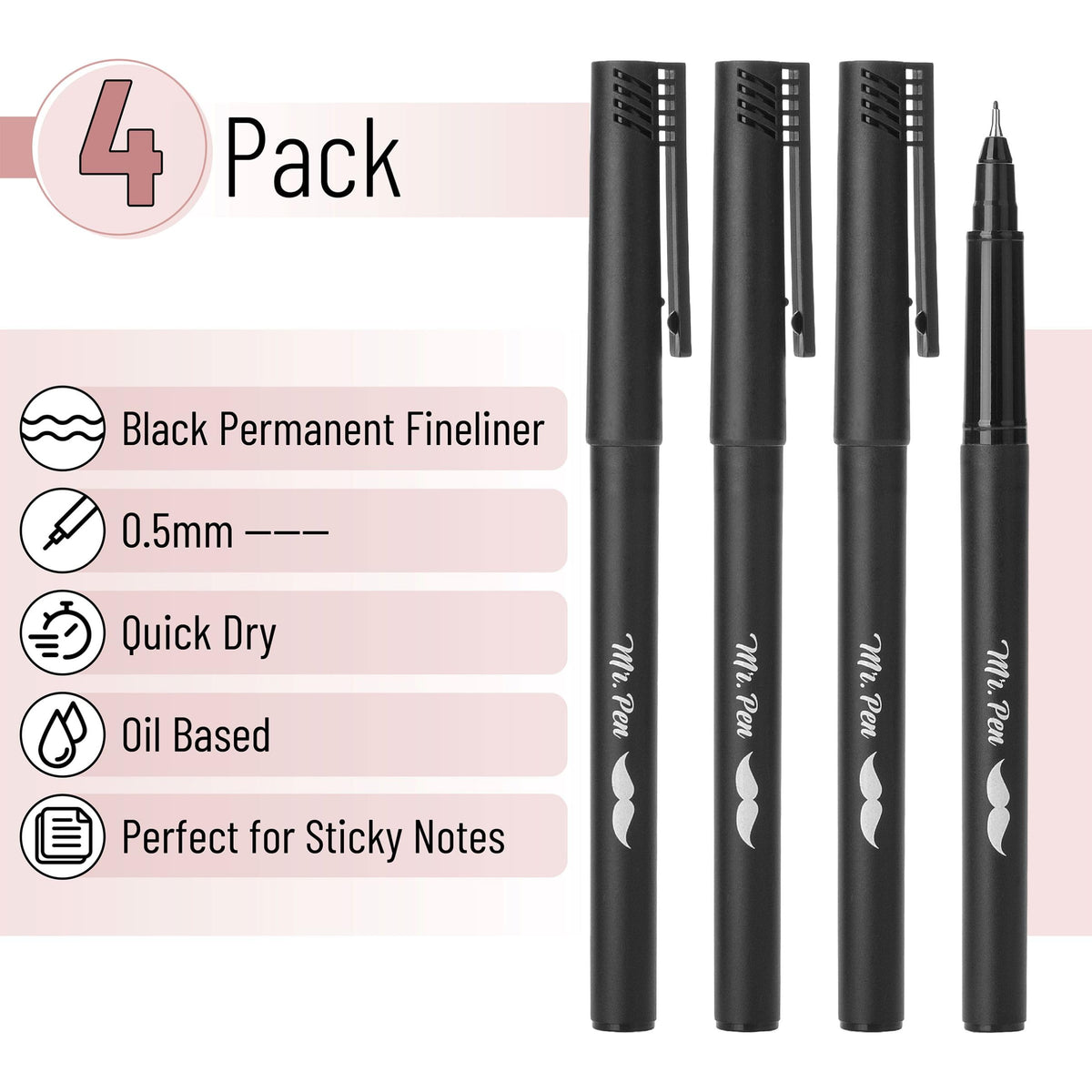 Mr. Pen- Black Fineliner Pens, 4pcs, 0.5mm, Pen for Transparent Sticky Note