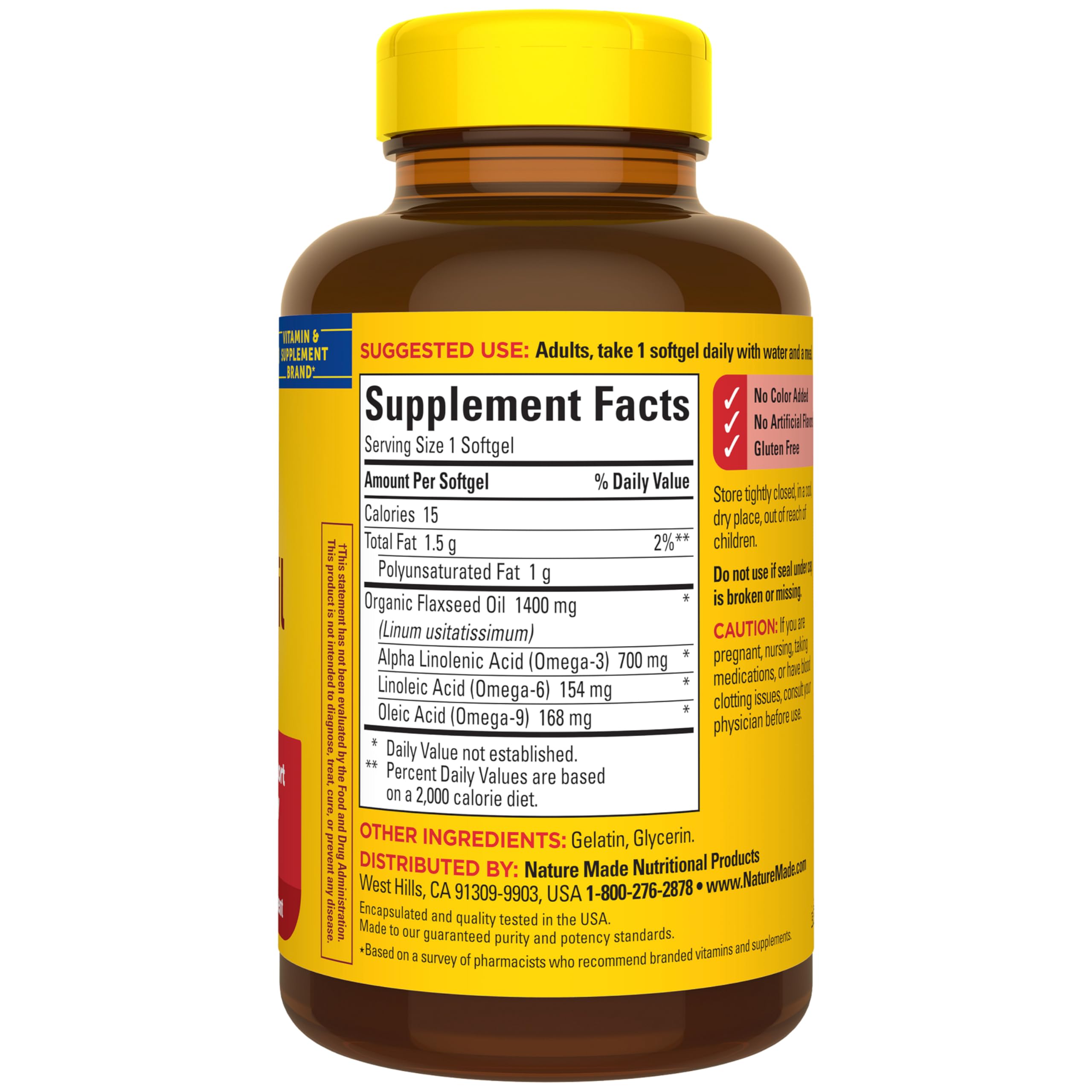 Nature Made Extra Strength Flaxseed Oil 1400 mg Softgels, 100 Softgels | Fish Free Omega 3 Supplement for Men and Women, Dietary Supplement for Heart Health Support, Gluten Free, 100 Day Supply