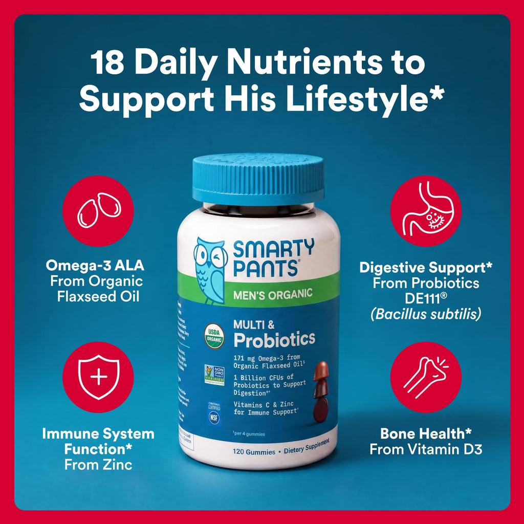 SmartyPants Multivitamin for Men, Organic Gummies: Probiotics, CoQ10, Methylfolate, Omega 3 (ALA), Vitamin D3, C, Vitamin B12, B6, A, K & Zinc for Immune Support, Biotin, 120 Gummies (30 Day Supply)