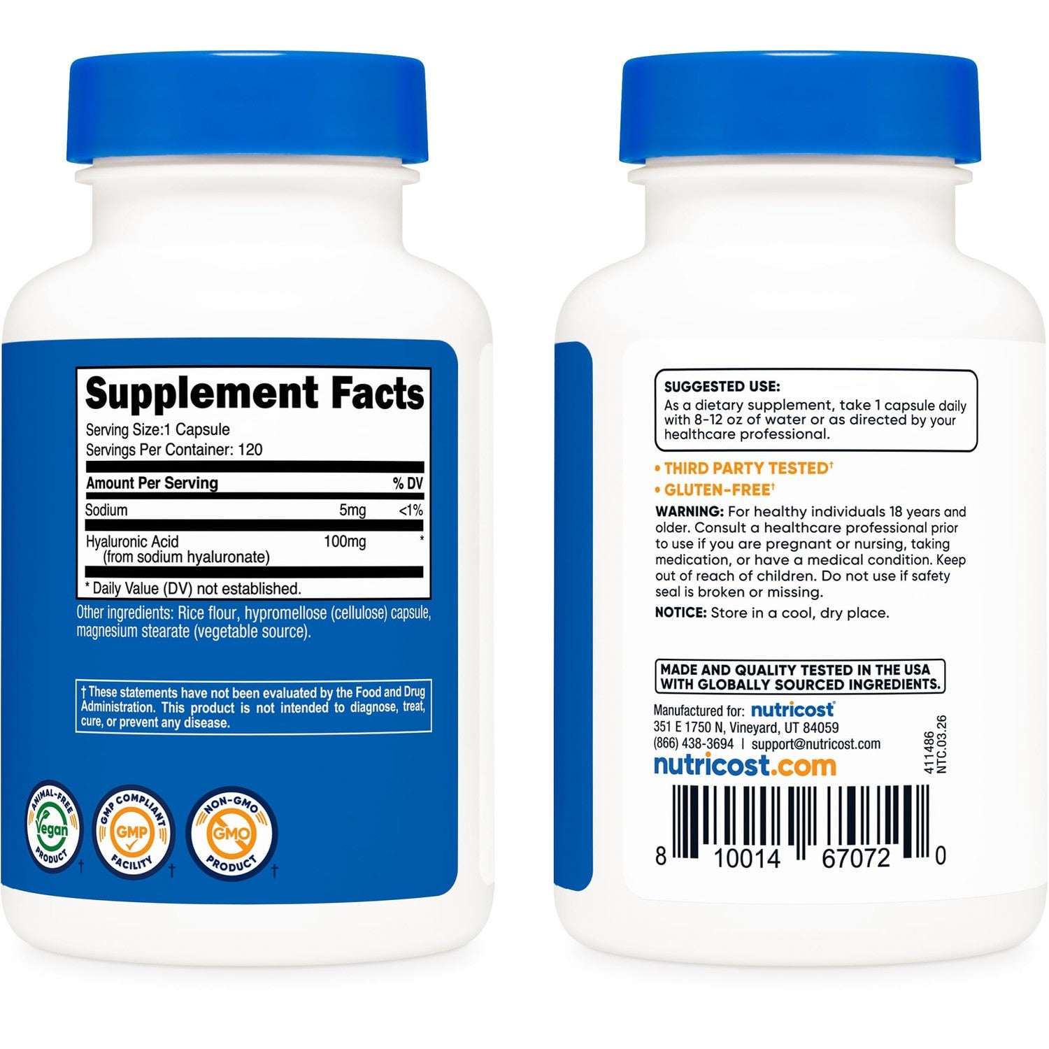Nutricost Hyaluronic Acid Capsules 100mg,120 Vegetarian Capsules | Gluten-Free & GMO-Free
