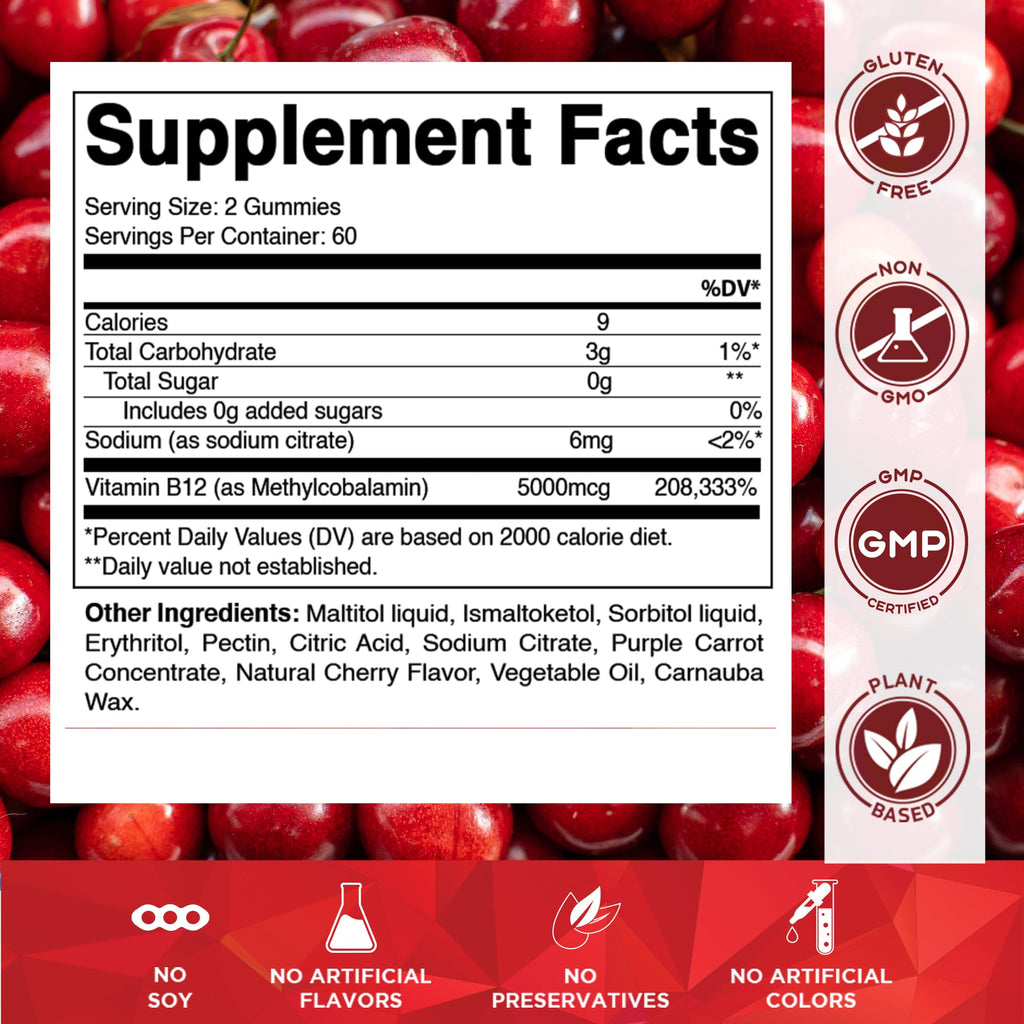 Vitamatic Methyl B12 5000 mcg, 120 Gummies, Natural Cherry Flavor | Extra Strength, Energy Metabolism Support and Nervous System Health Support*, Non-GMO, Gluten Free