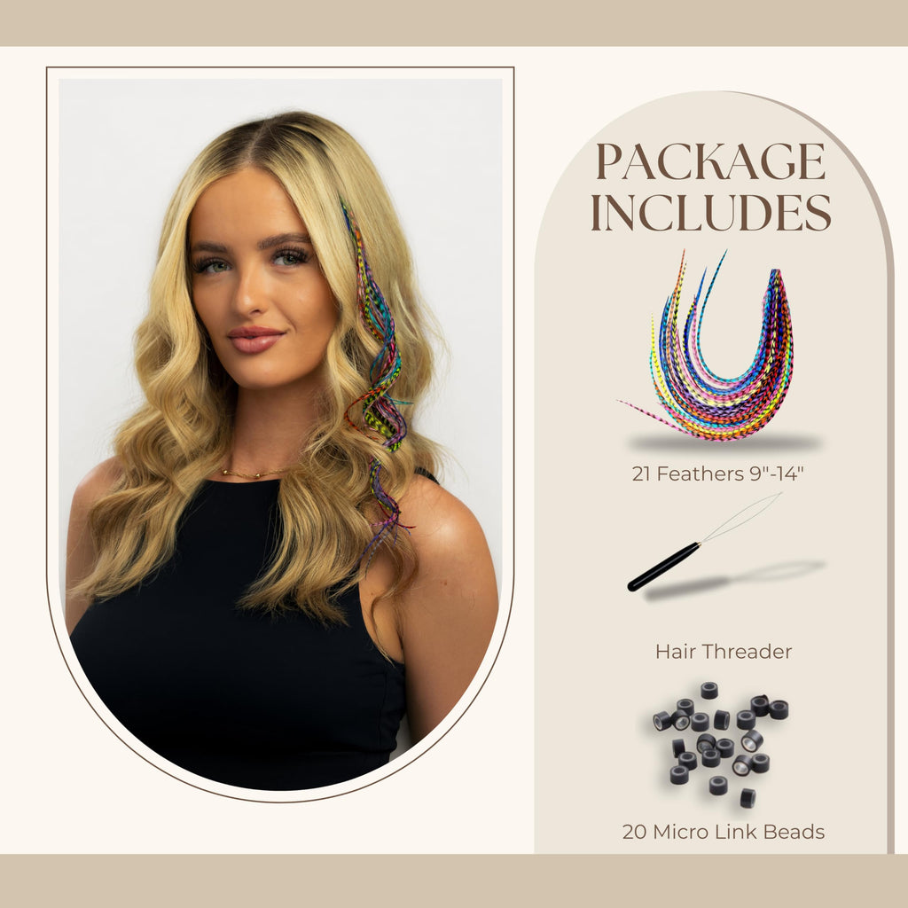 21 natural color hair extensions, 9-14 inches, packaged with hair threader and micro link beads for easy styling.